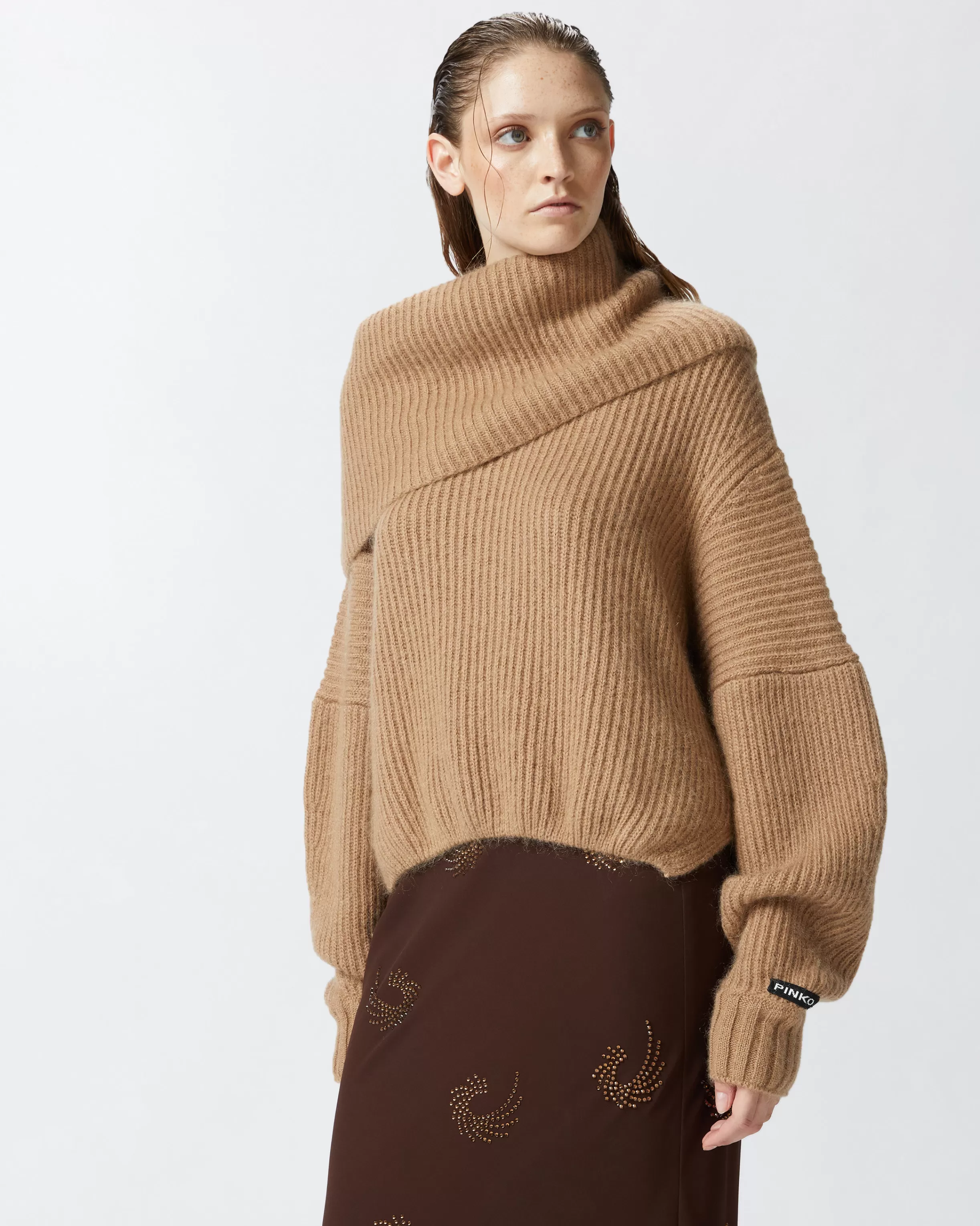 PINKO Ribbed pullover with large fold-over neck