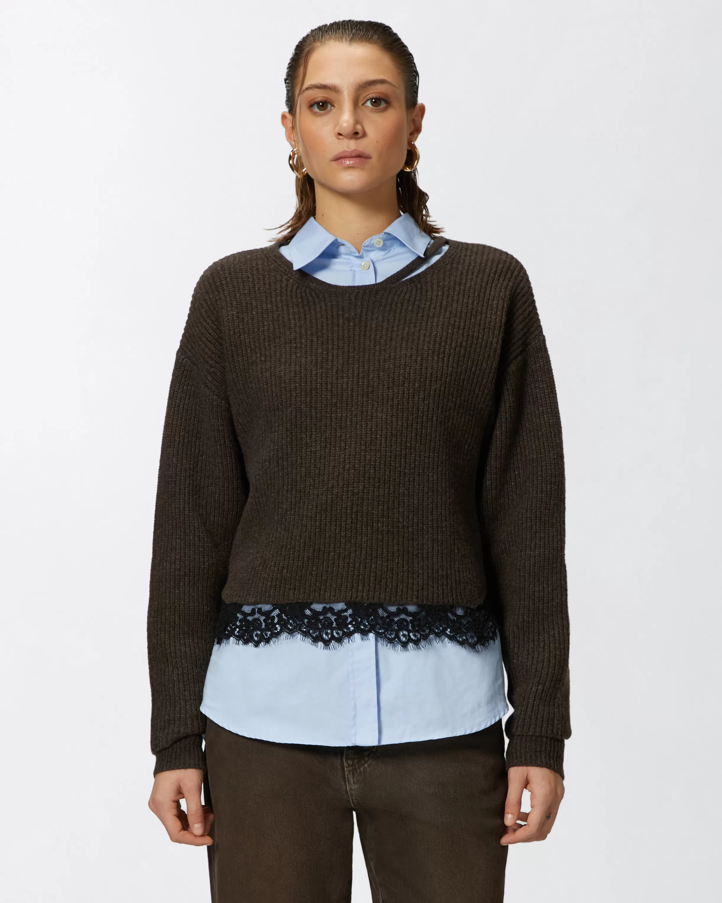 PINKO Ribbed sweater with lace at the hem