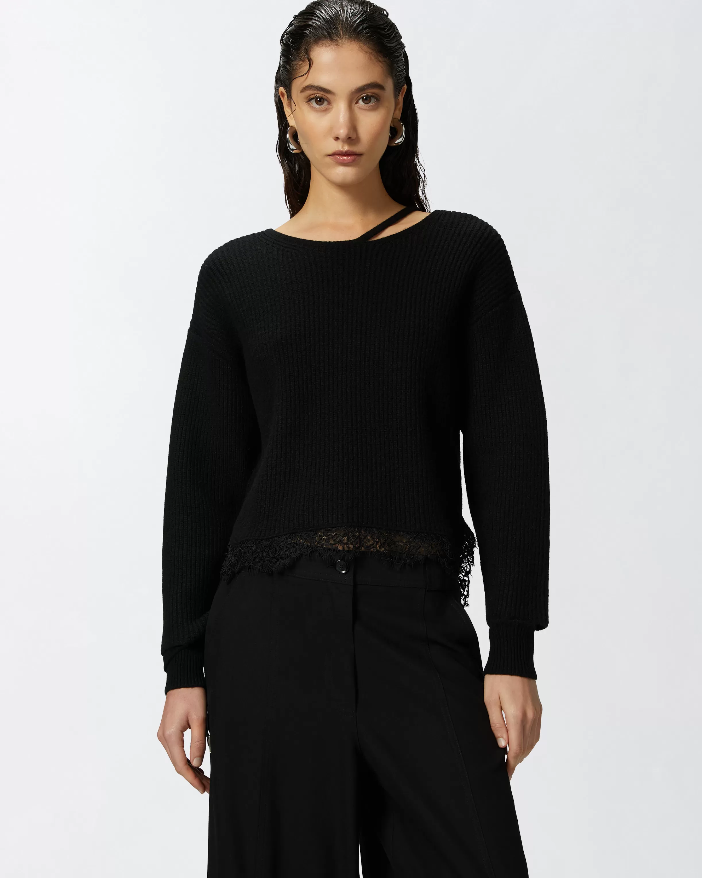 PINKO Ribbed sweater with lace at the hem