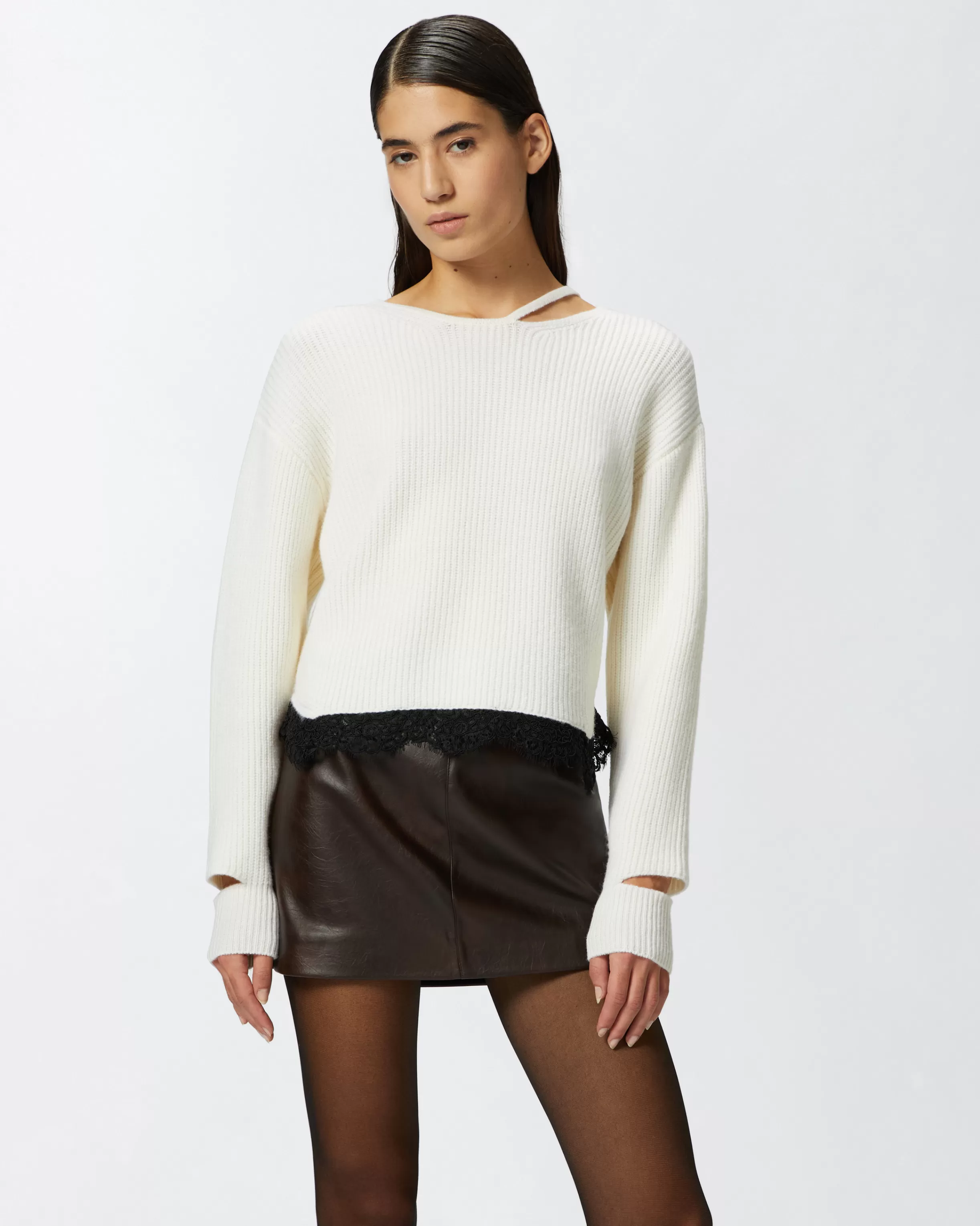 PINKO Ribbed sweater with lace at the hem