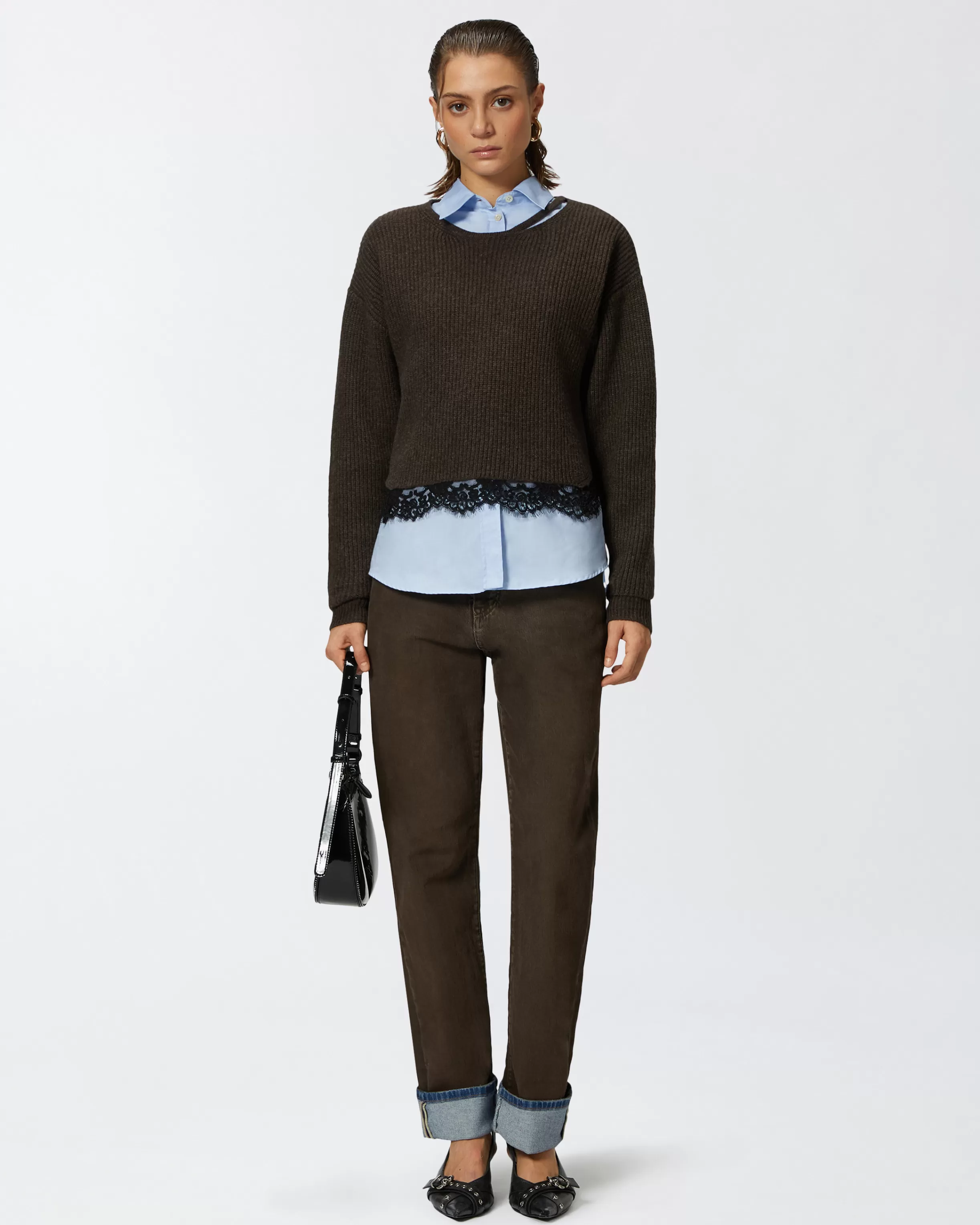 PINKO Ribbed sweater with lace at the hem