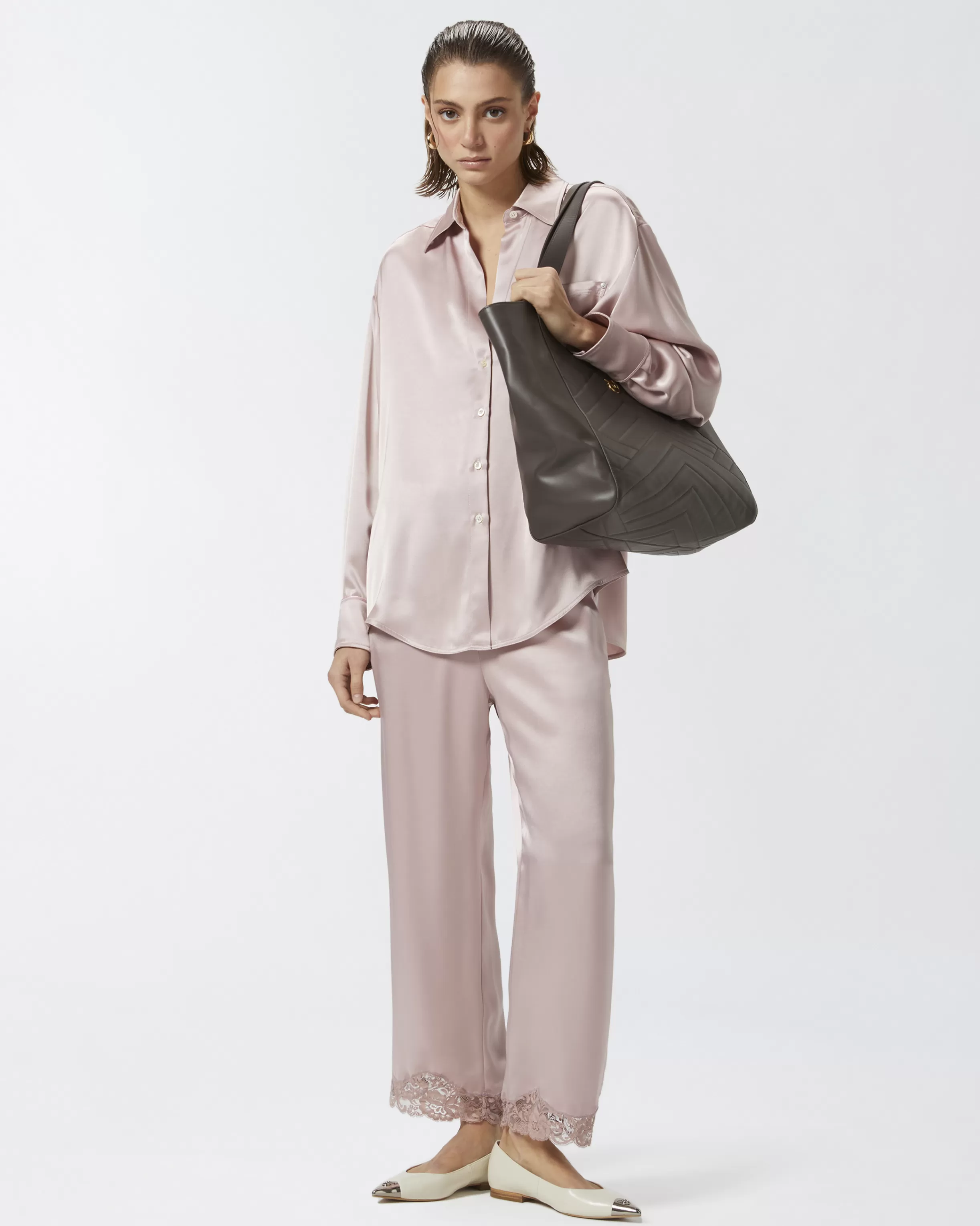 PINKO Satin palazzo trousers with lace at the bottom