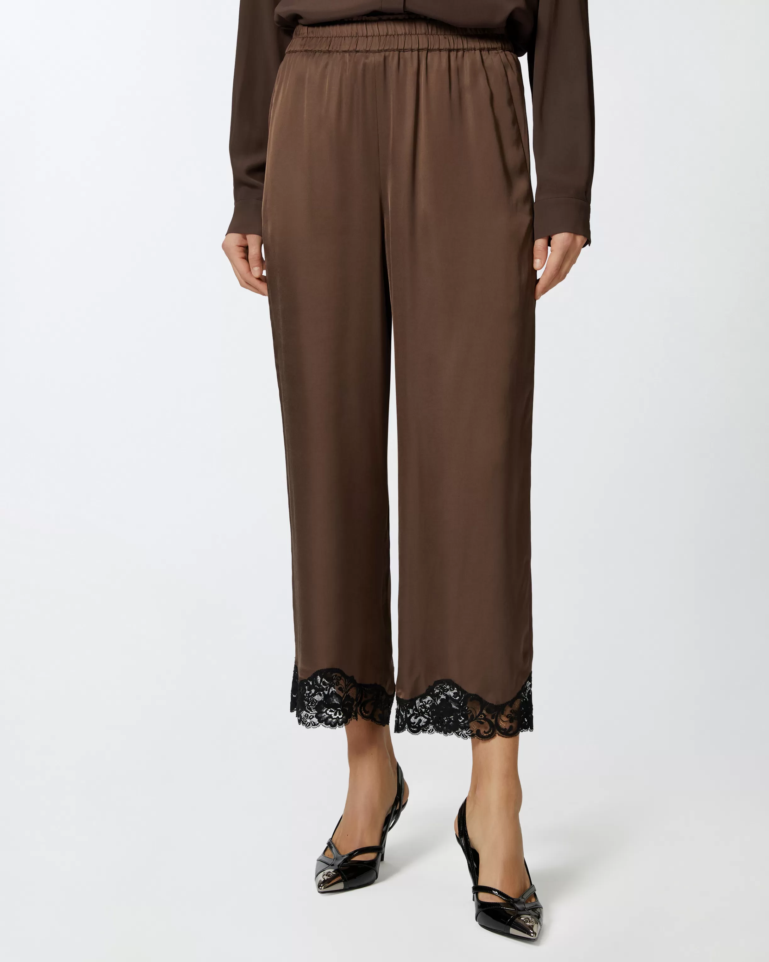 PINKO Satin palazzo trousers with lace at the bottom