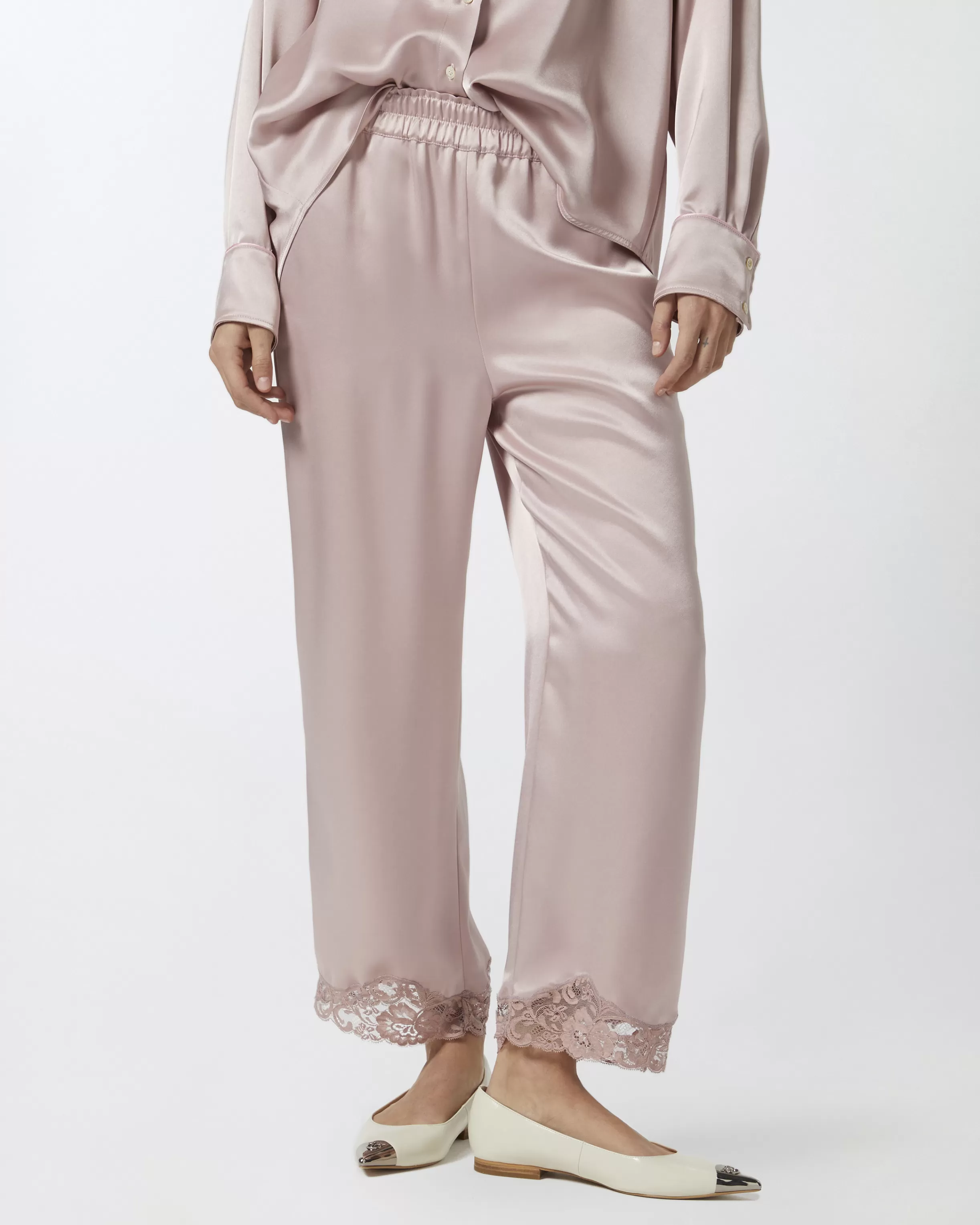 PINKO Satin palazzo trousers with lace at the bottom