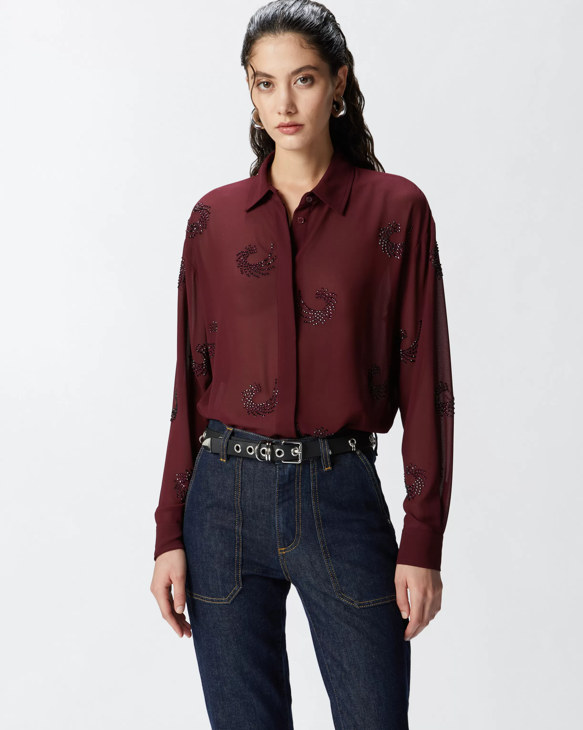 PINKO Semi-transparent shirt with rhinestone swirls