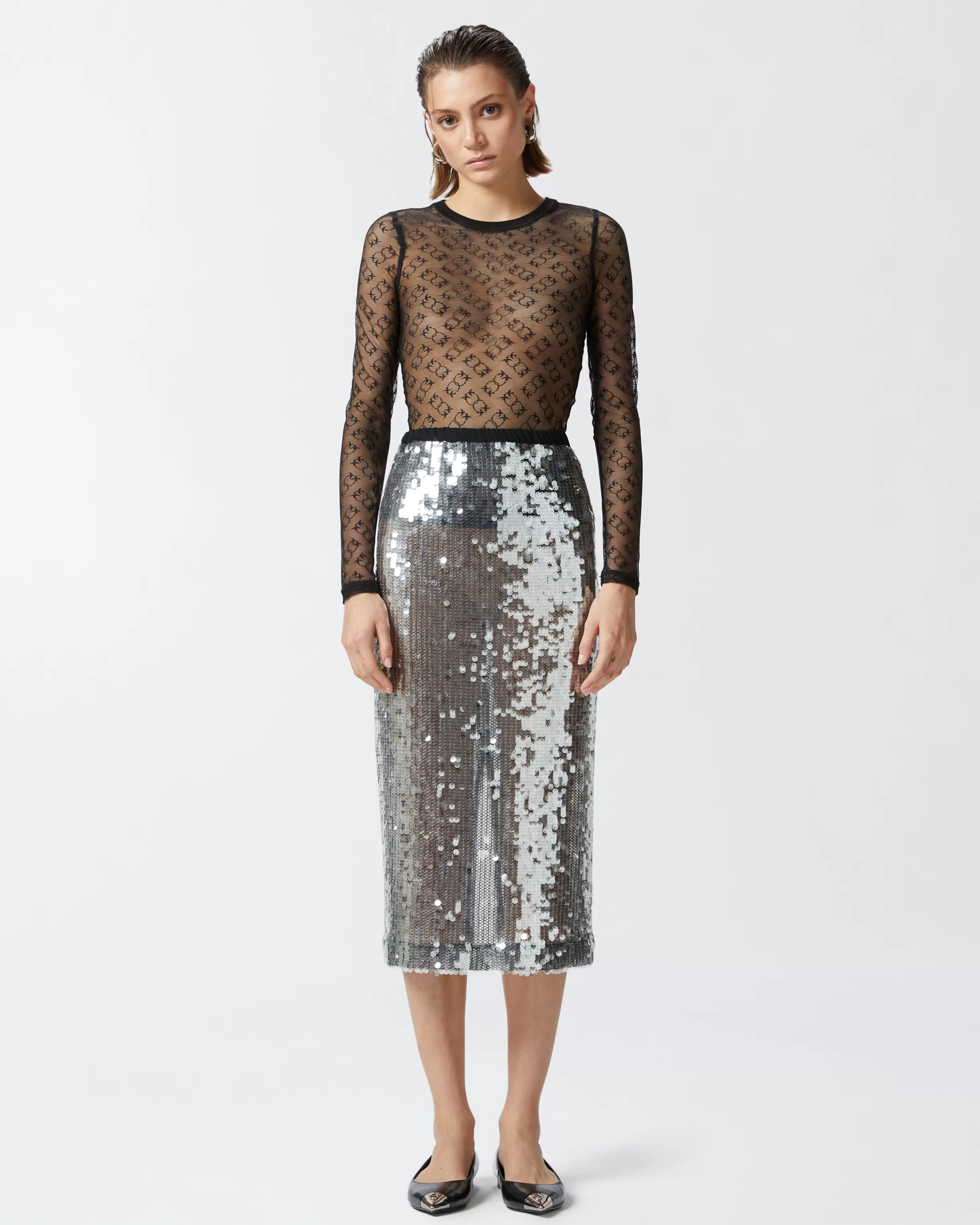 PINKO Sequinned mesh pencil skirt