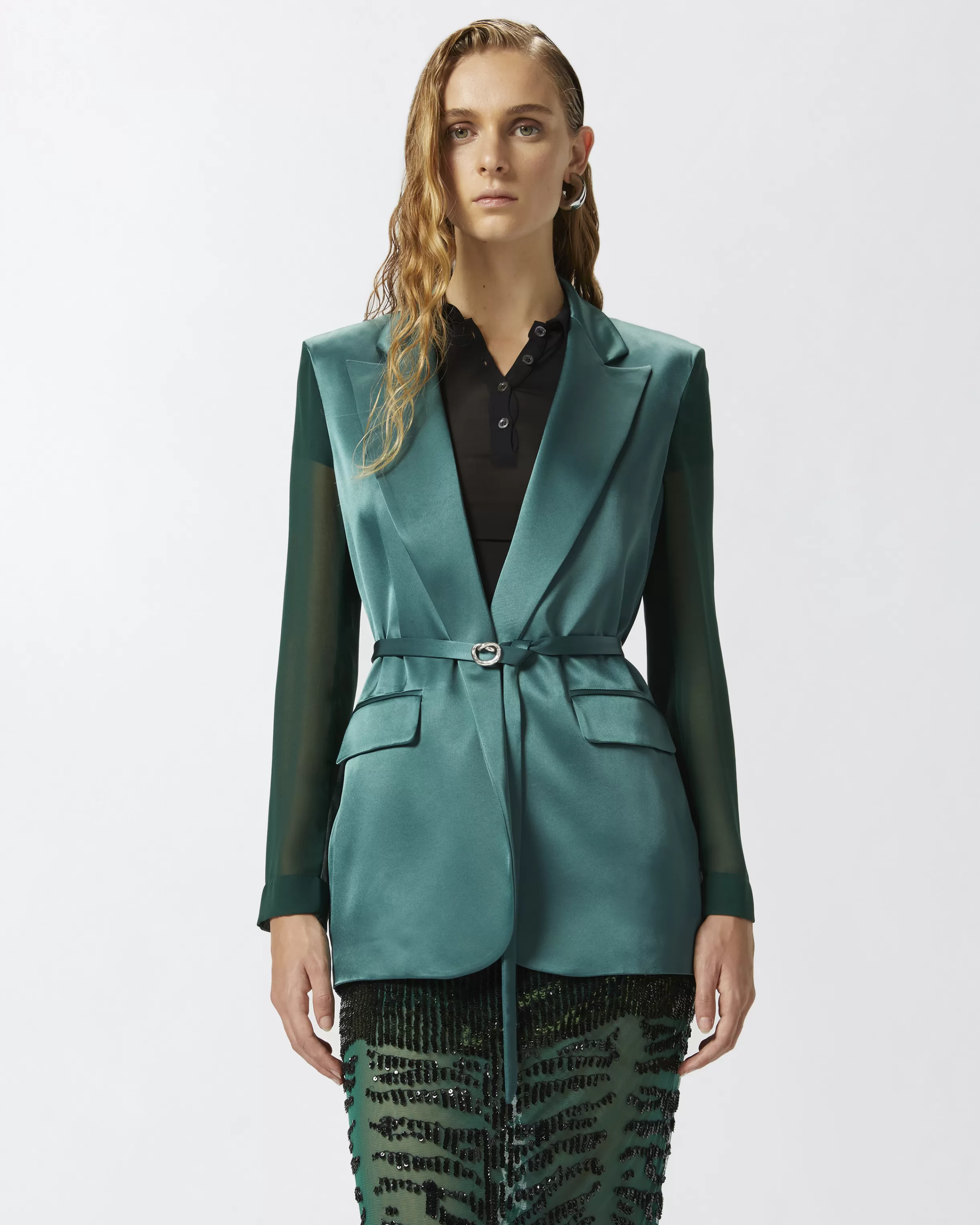 PINKO Shiny blazer with transparent sleeves