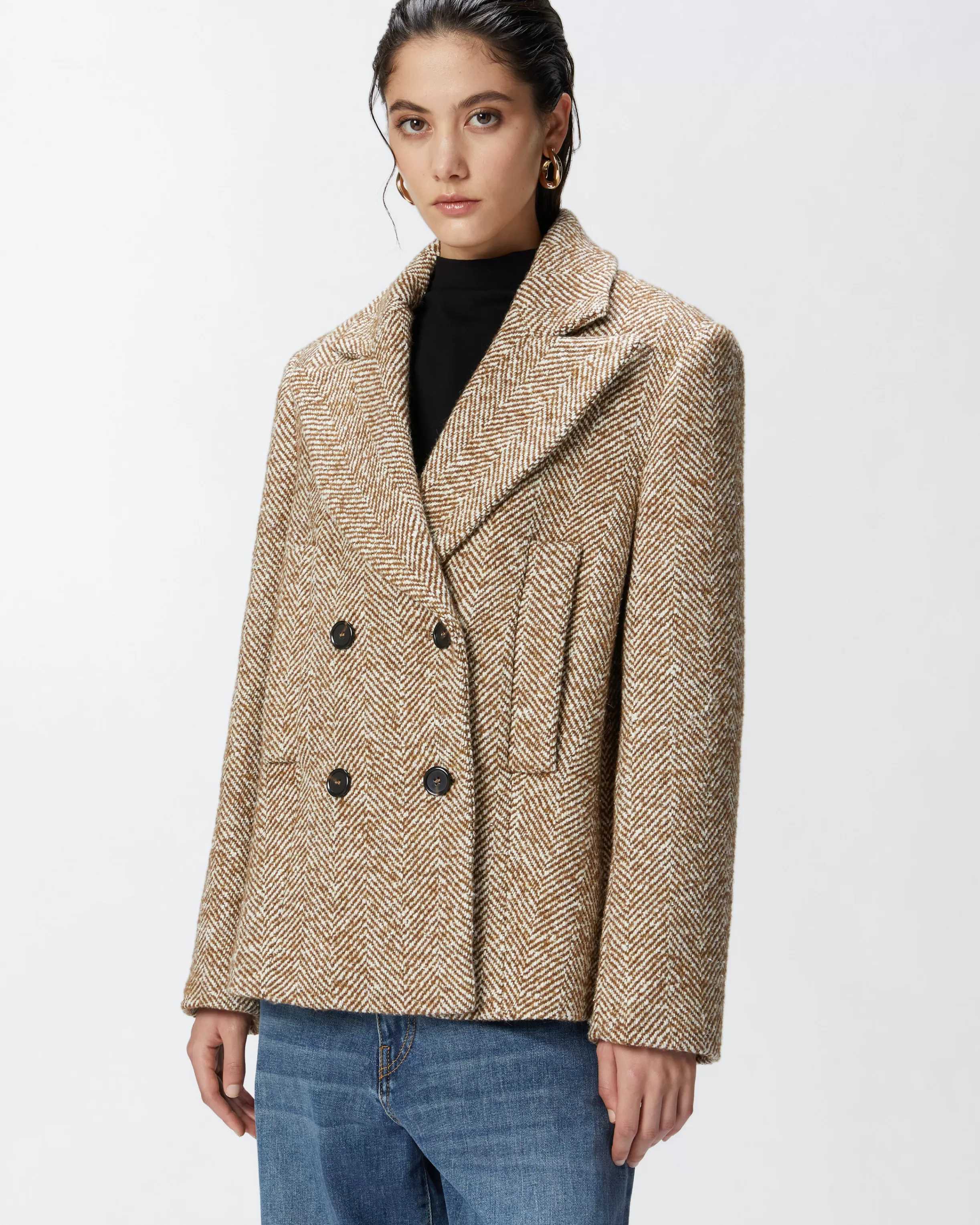 PINKO Short double-breasted coat pea coat with herringbone