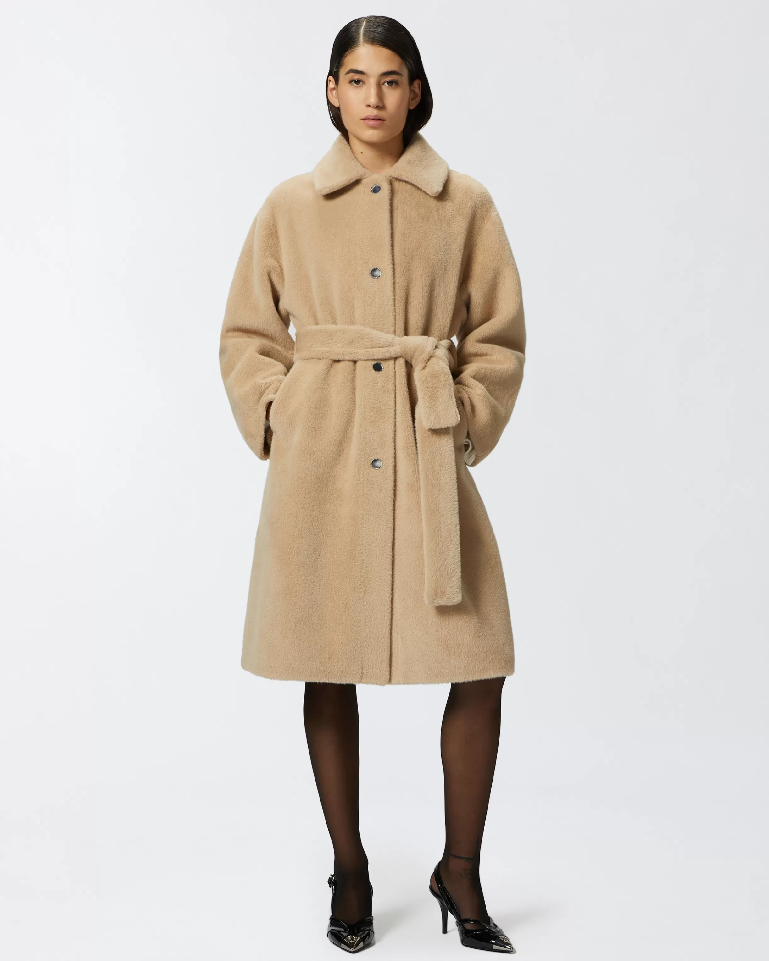 PINKO Short fur-effect coat with belt