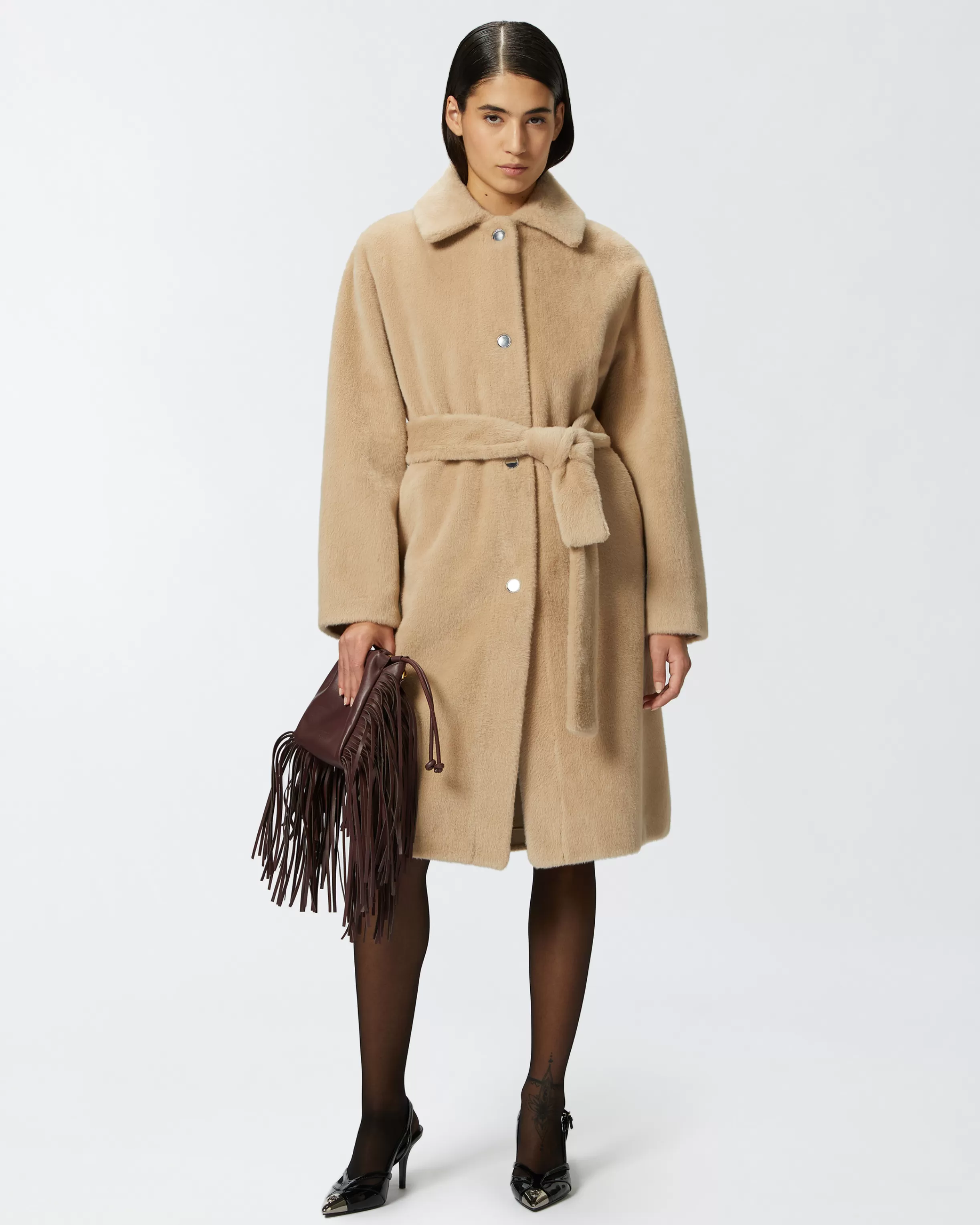 PINKO Short fur-effect coat with belt