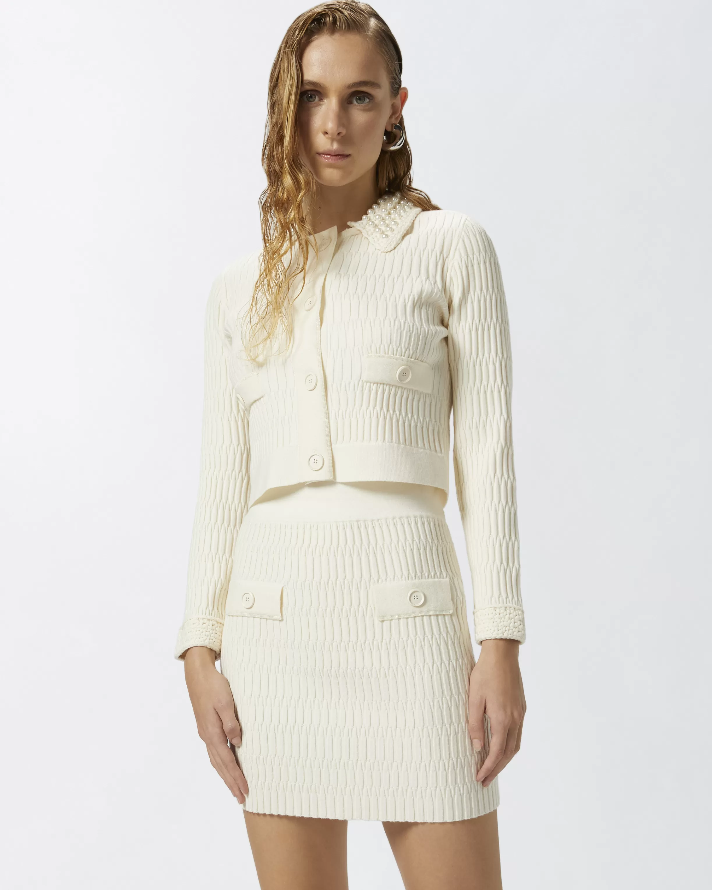 PINKO Short knit jacket with beaded crocheted collar