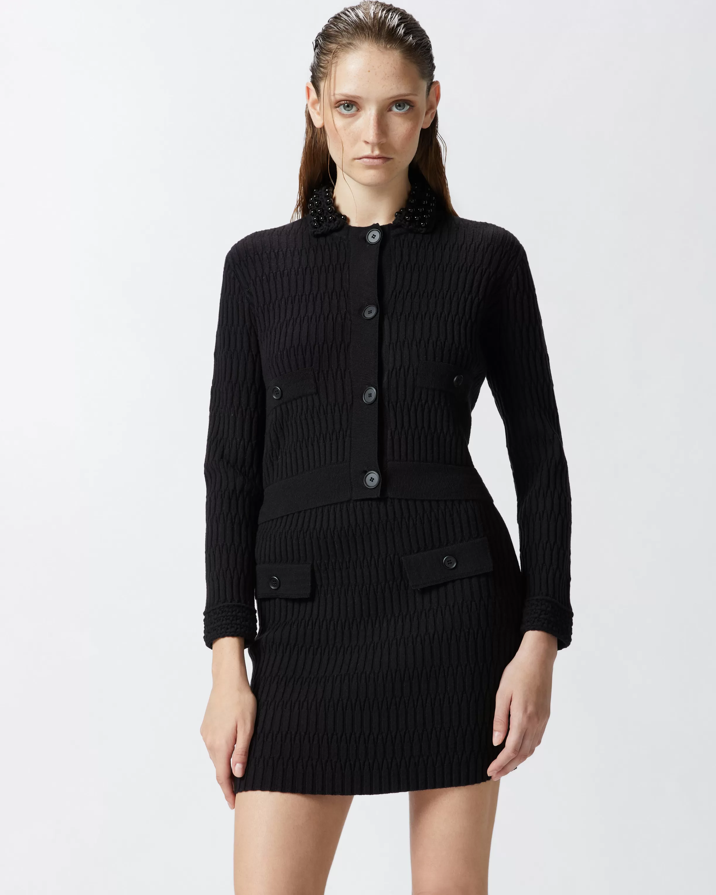 PINKO Short knit jacket with beaded crocheted collar