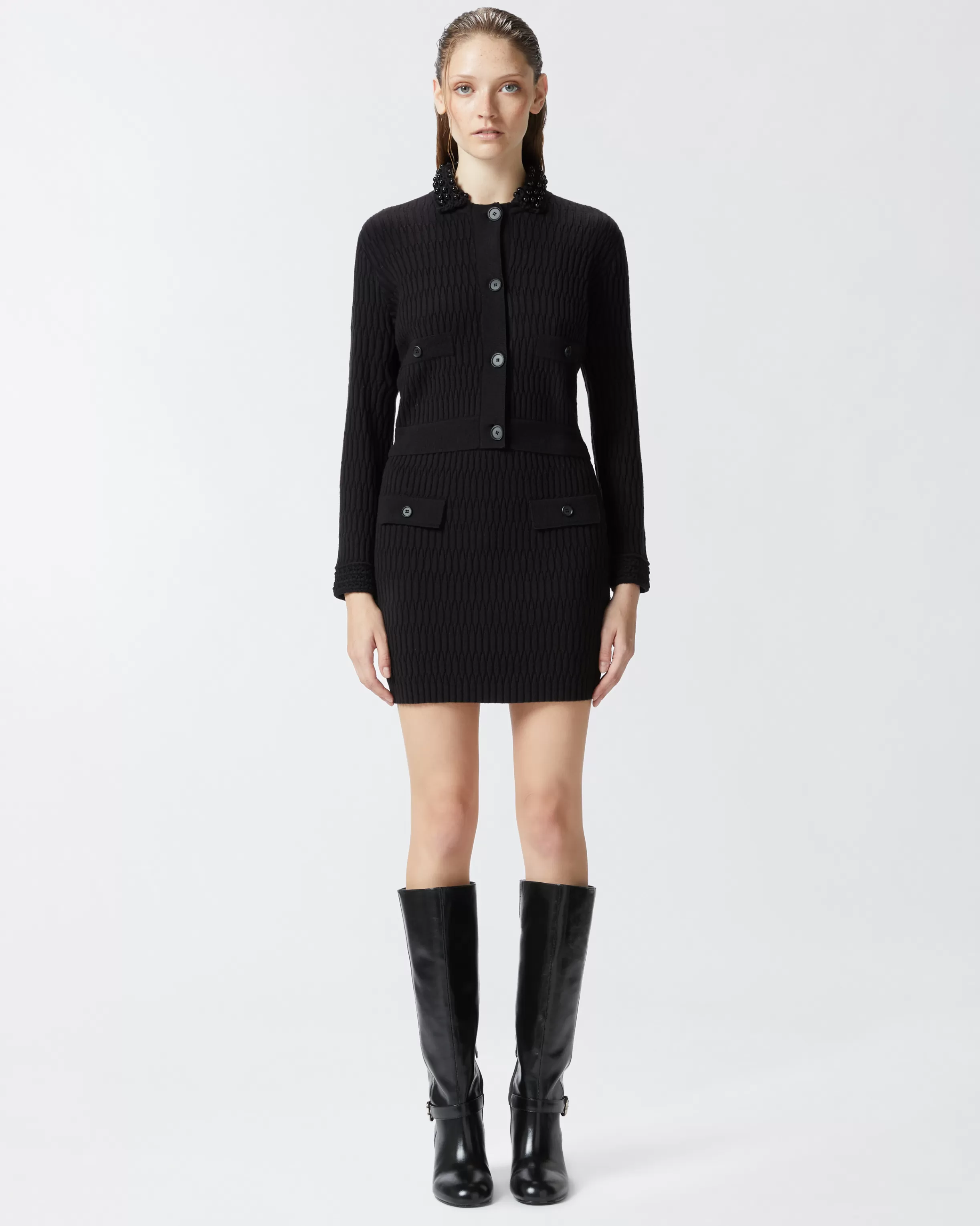 PINKO Short knit jacket with beaded crocheted collar