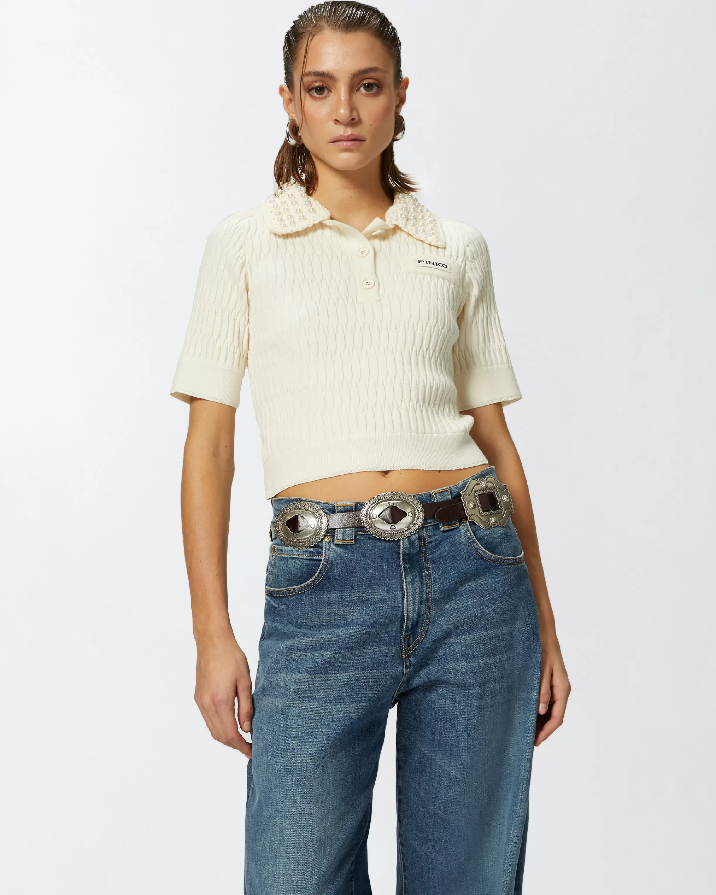 PINKO Short knit polo with beaded crocheted collar