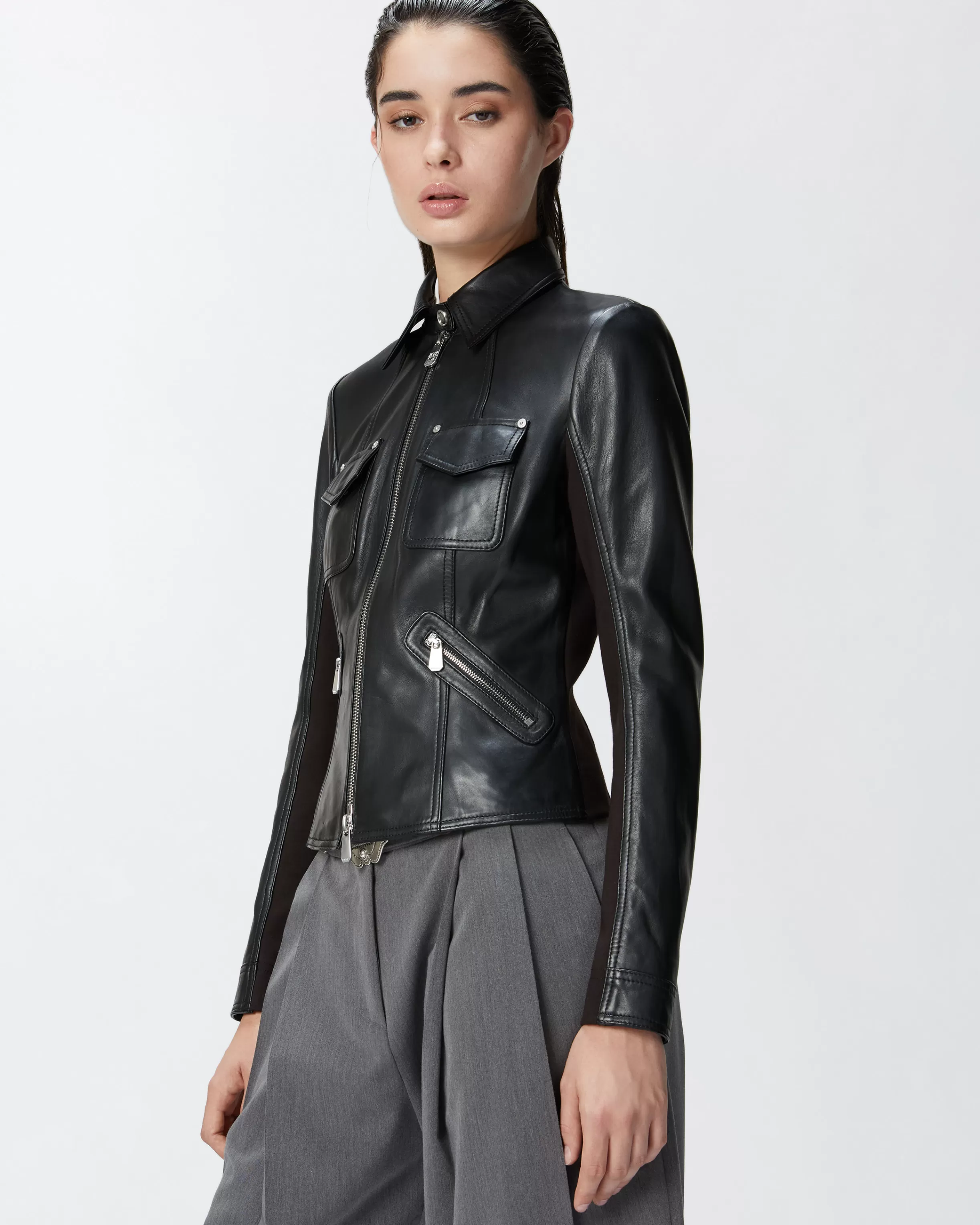 PINKO Short leather and technical fabric biker jacket