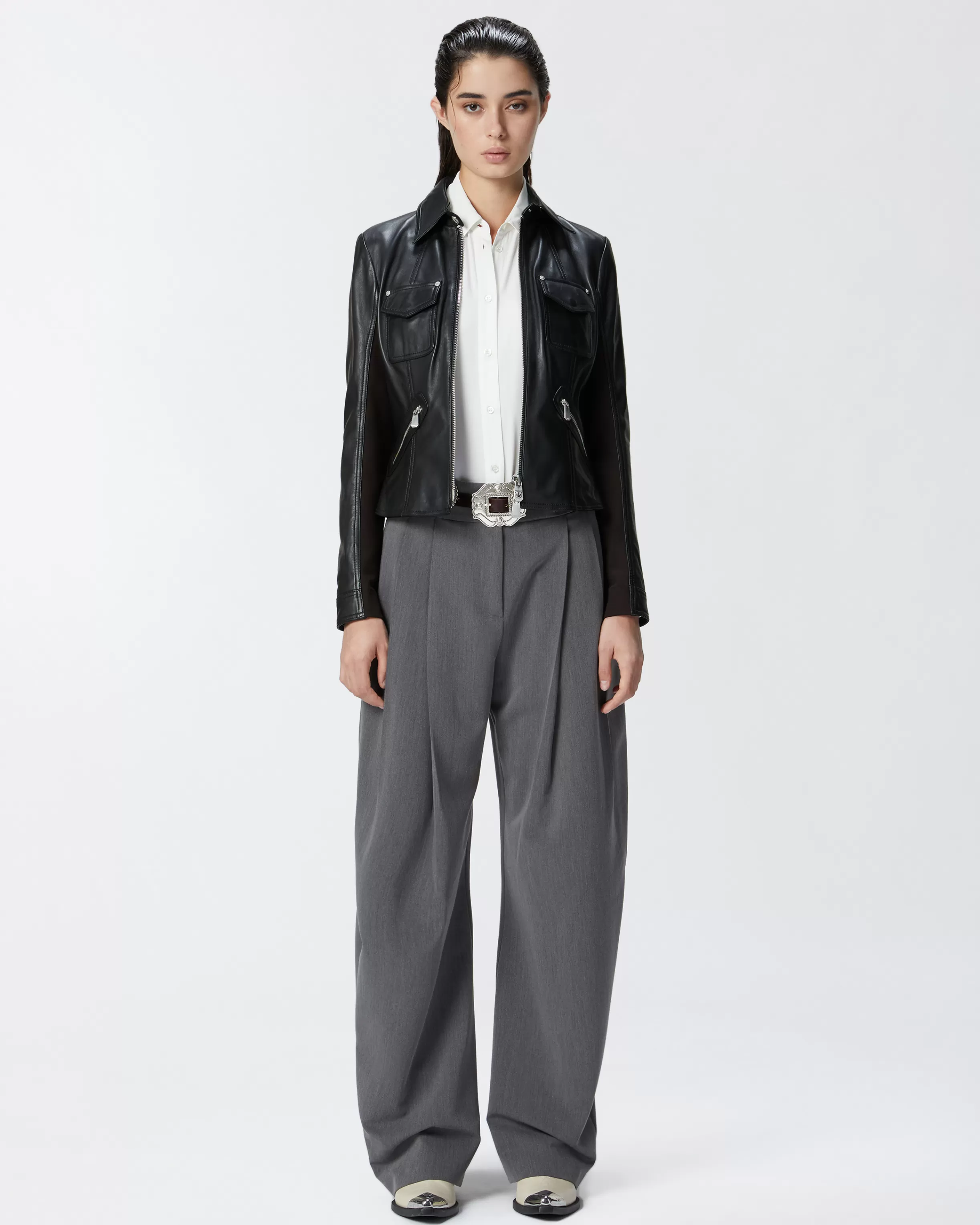 PINKO Short leather and technical fabric biker jacket