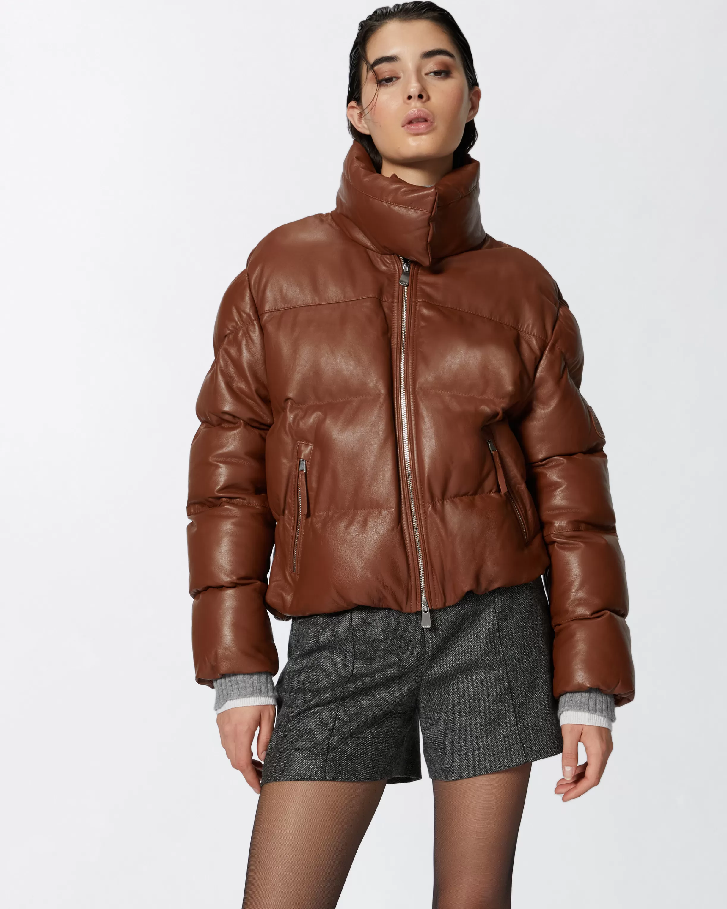 PINKO Short padded leather high-neck jacket