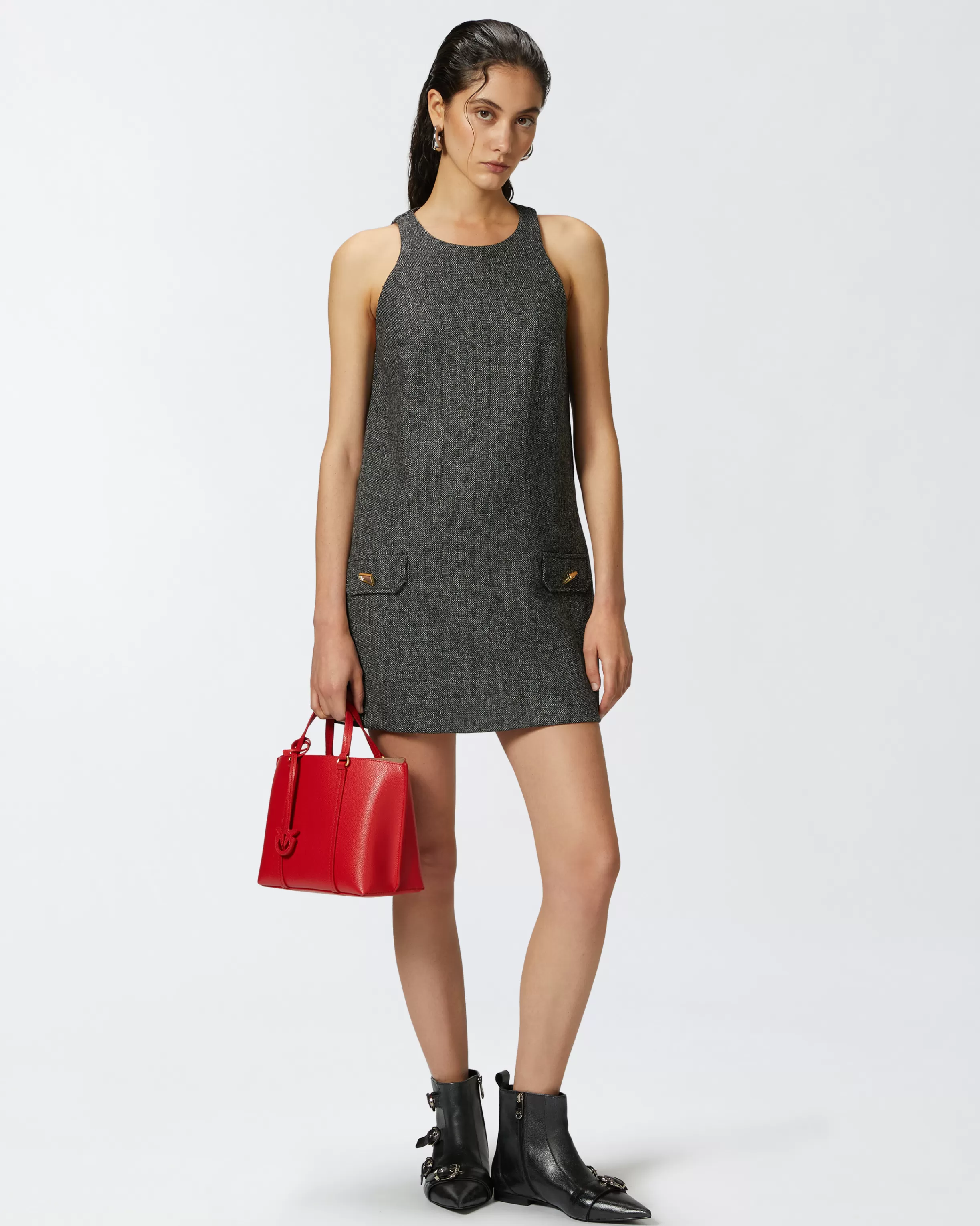 PINKO Short pinafore dress with mirror-finish buttons