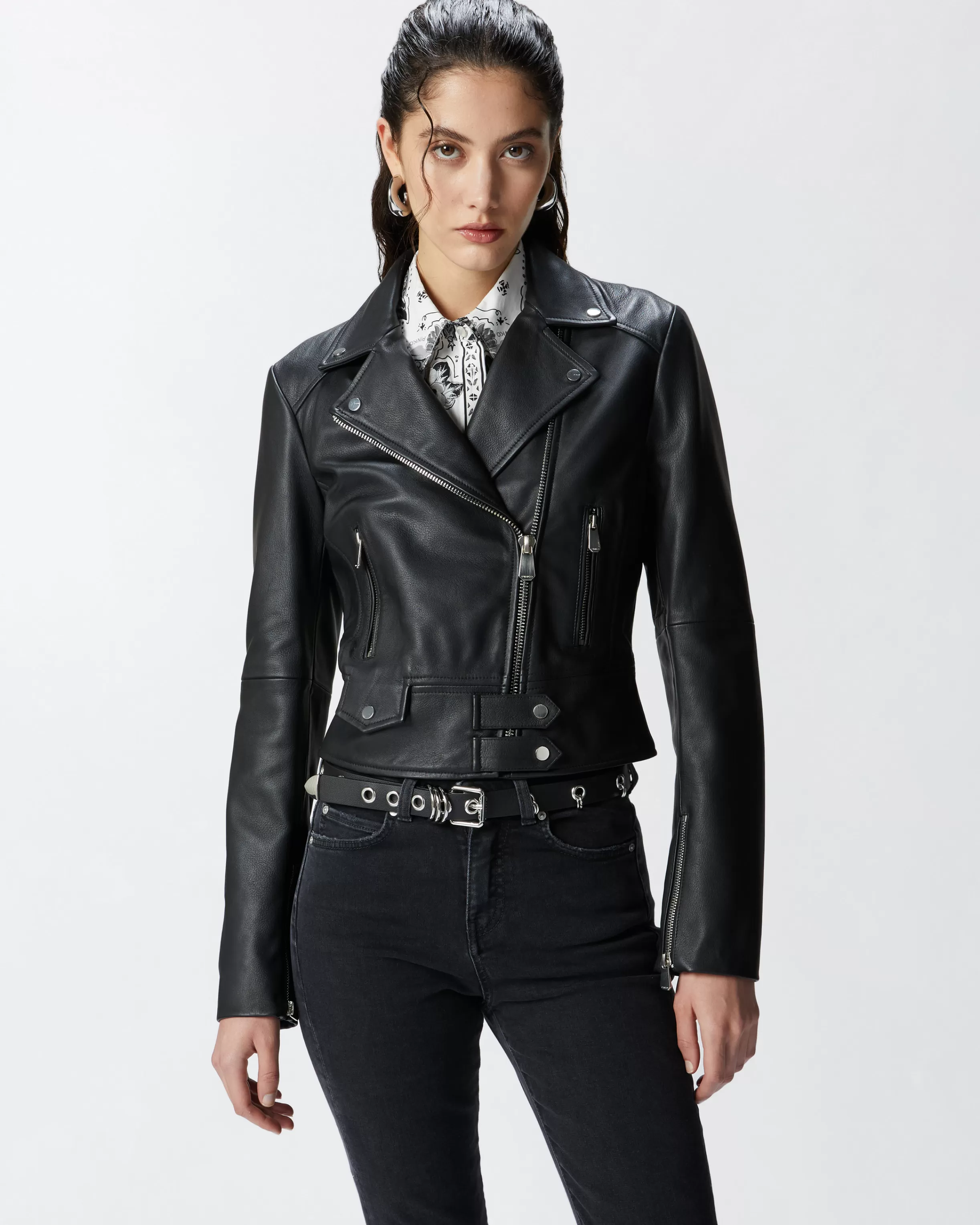 PINKO Short zipped nappa leather biker jacket