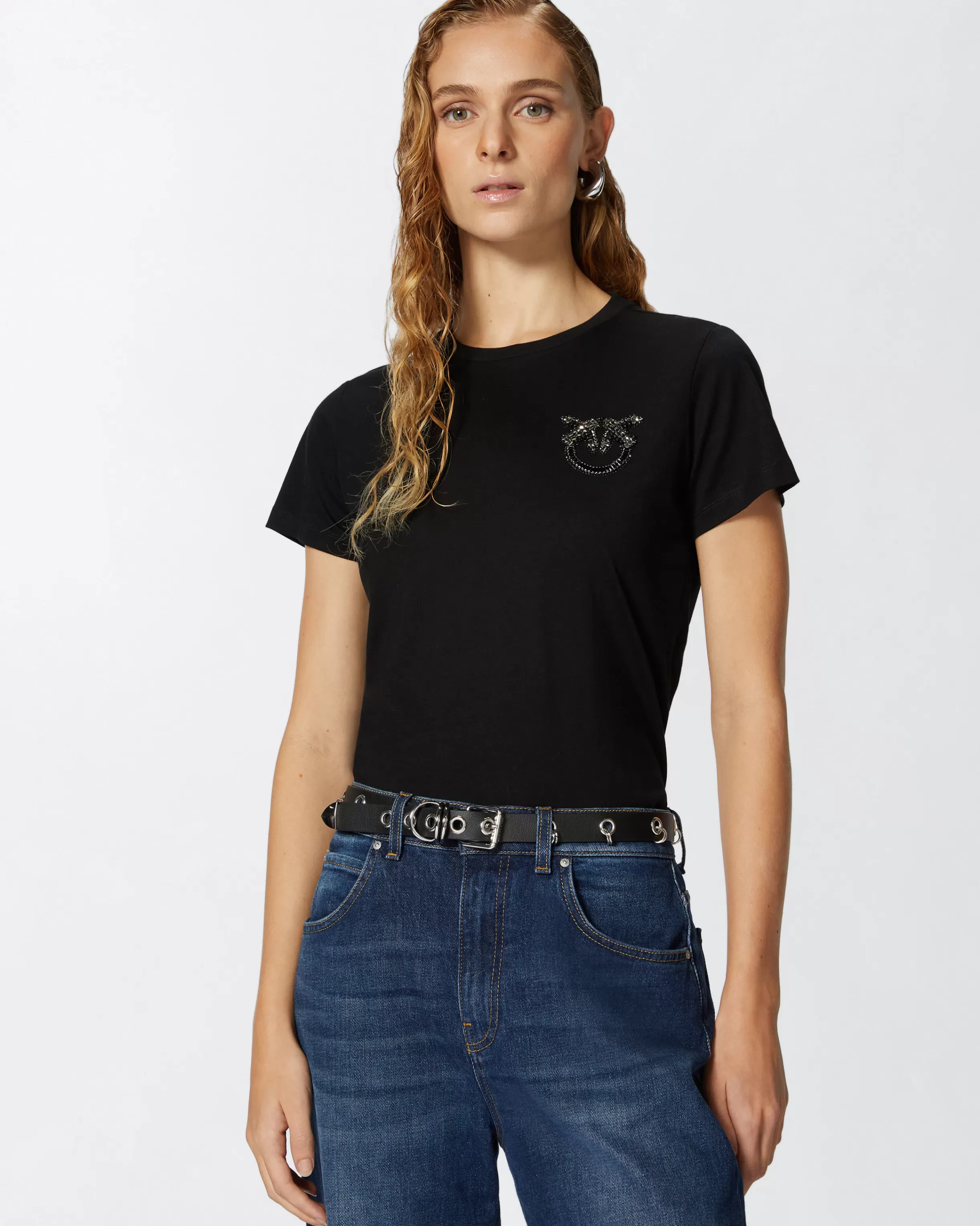 PINKO Short-sleeved T-shirt with bejewelled Love Birds embroidery