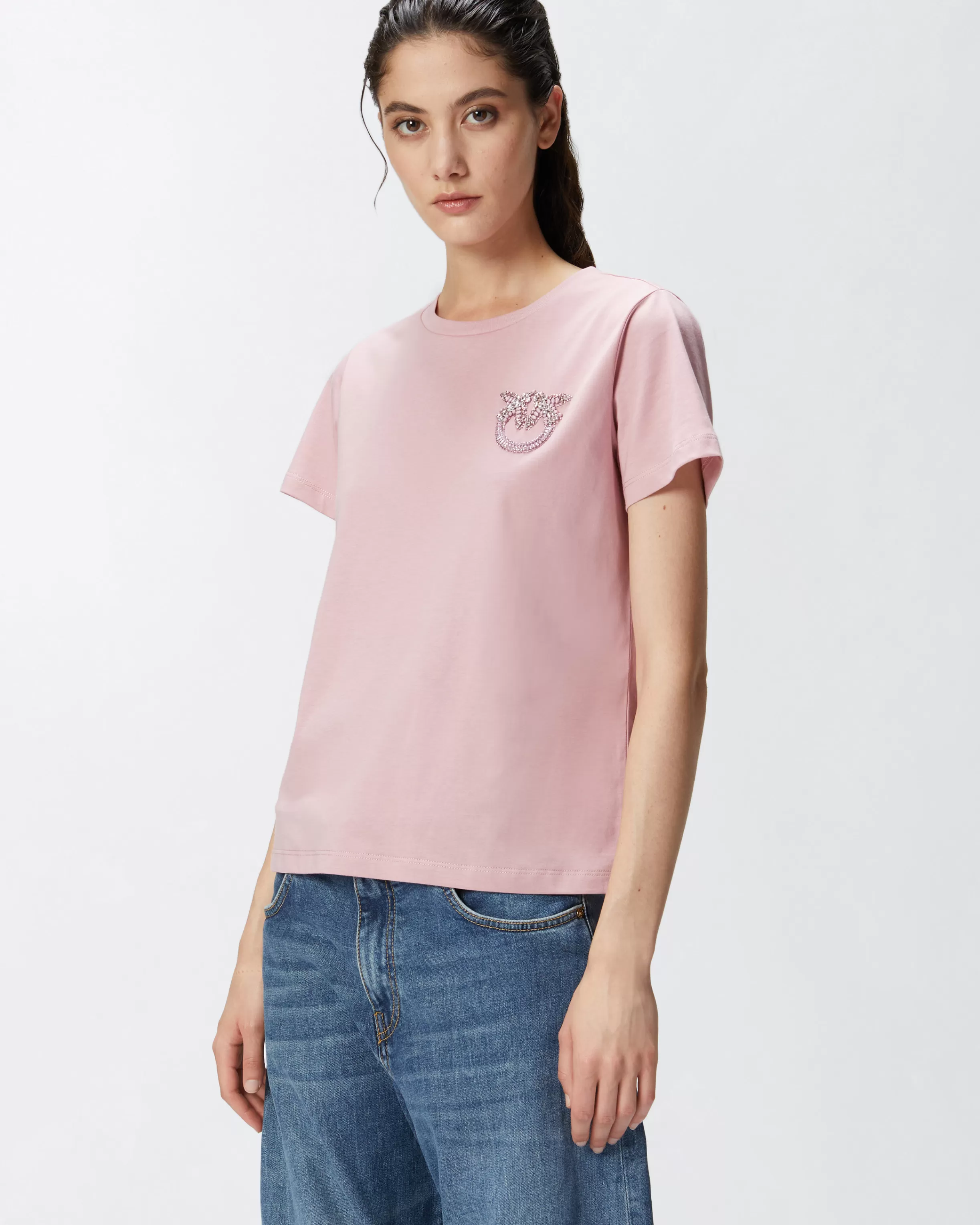 PINKO Short-sleeved T-shirt with bejewelled Love Birds embroidery