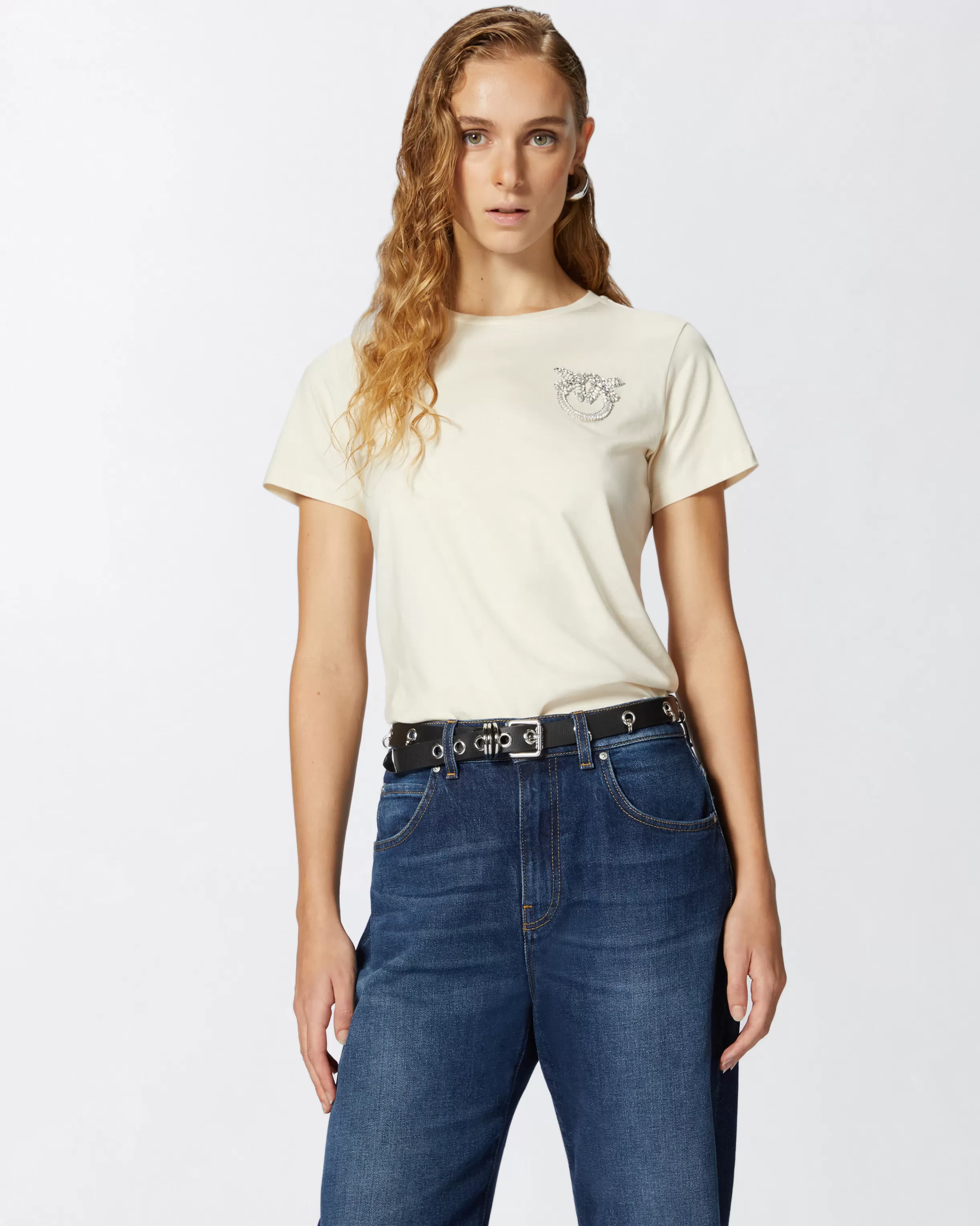 PINKO Short-sleeved T-shirt with bejewelled Love Birds embroidery