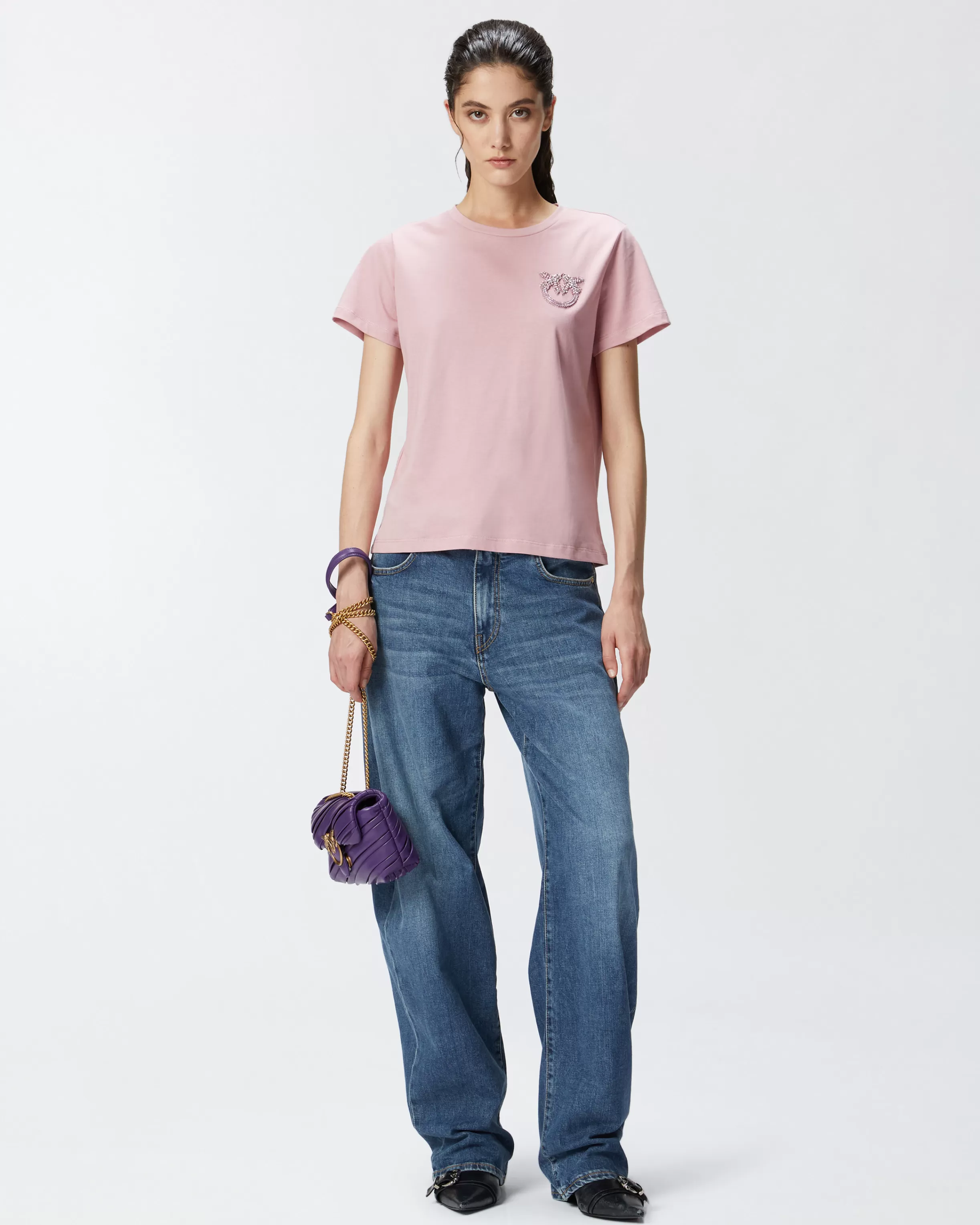 PINKO Short-sleeved T-shirt with bejewelled Love Birds embroidery