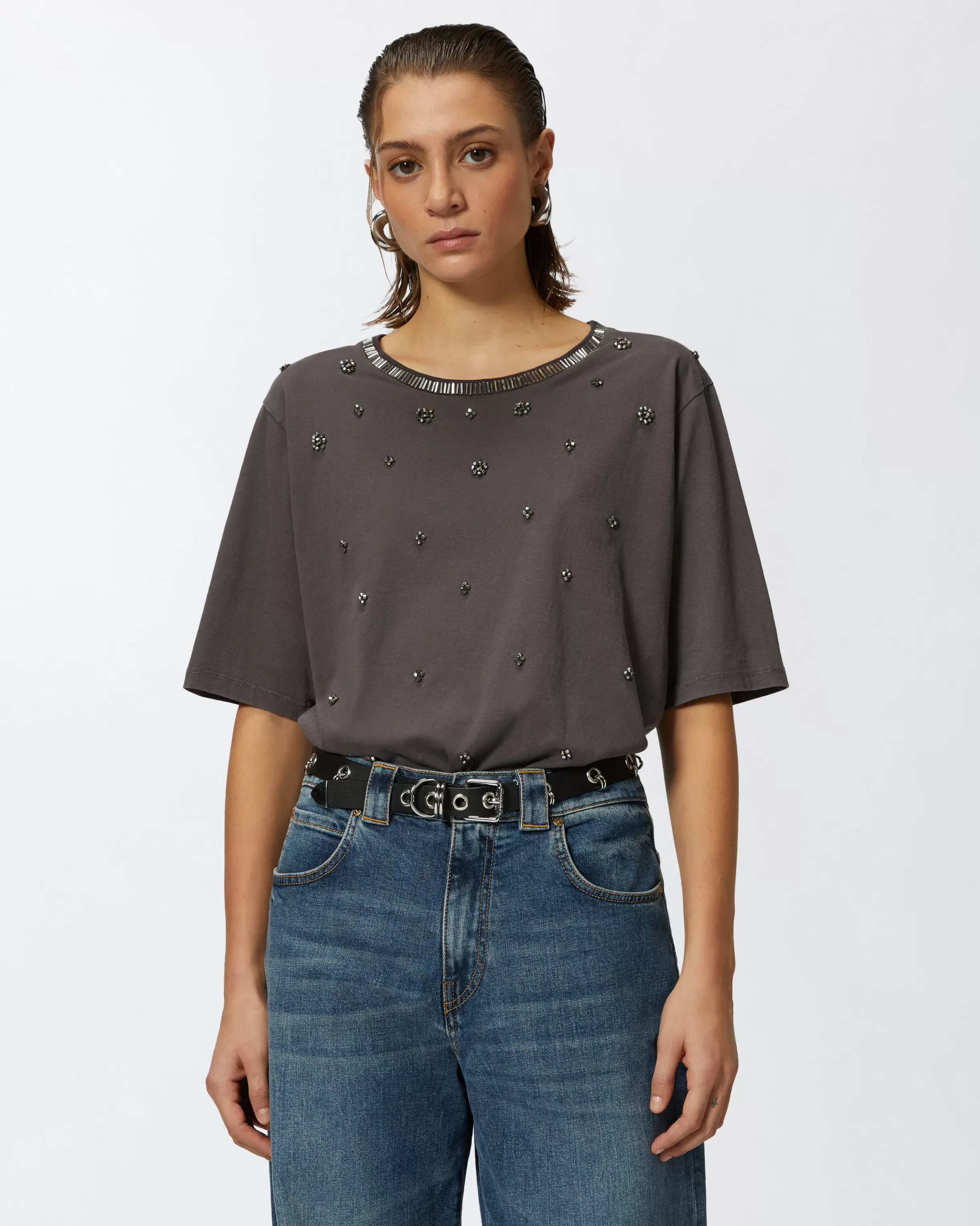 PINKO Short-sleeved T-shirt with jewel embroidery