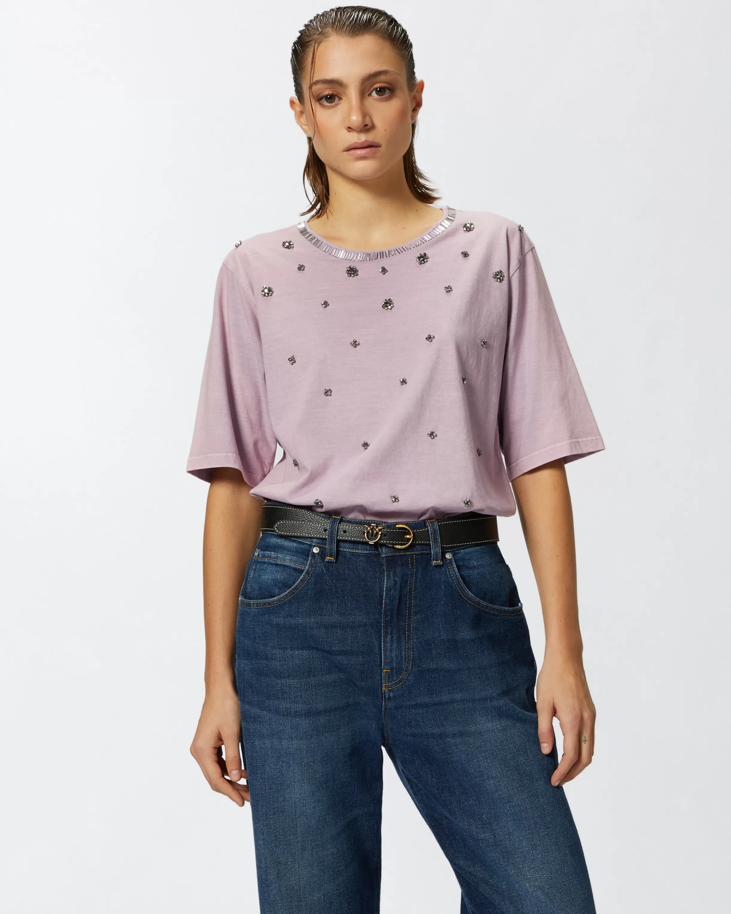 PINKO Short-sleeved T-shirt with jewel embroidery