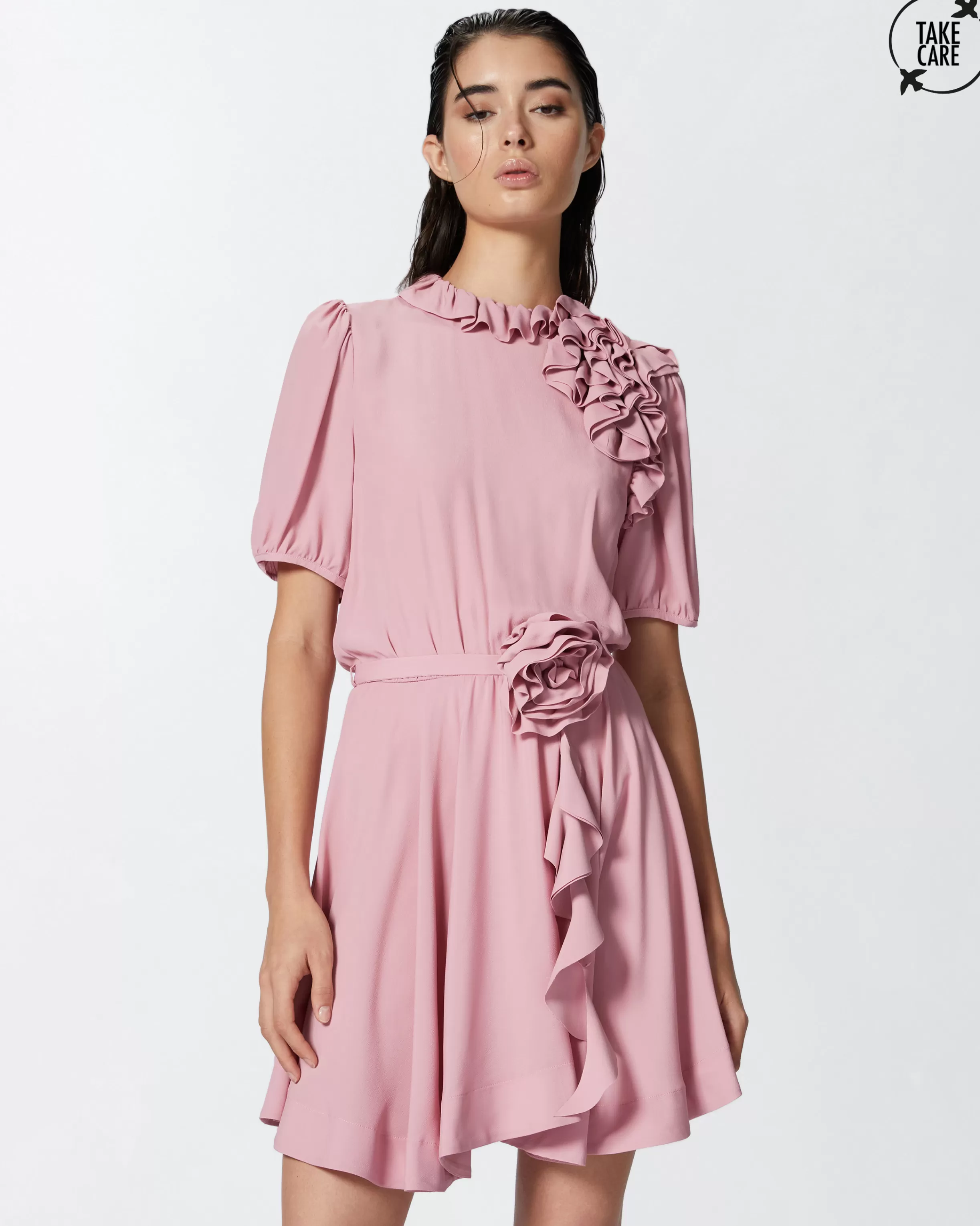 PINKO Silk-blend mini dress with rose and ruffles