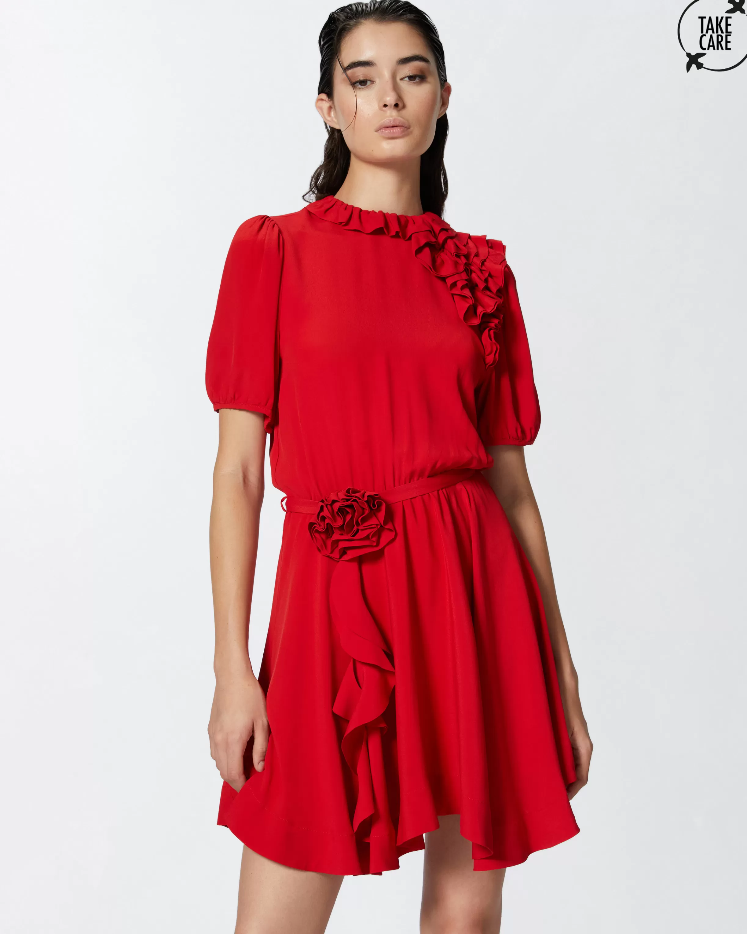 PINKO Silk-blend mini dress with rose and ruffles