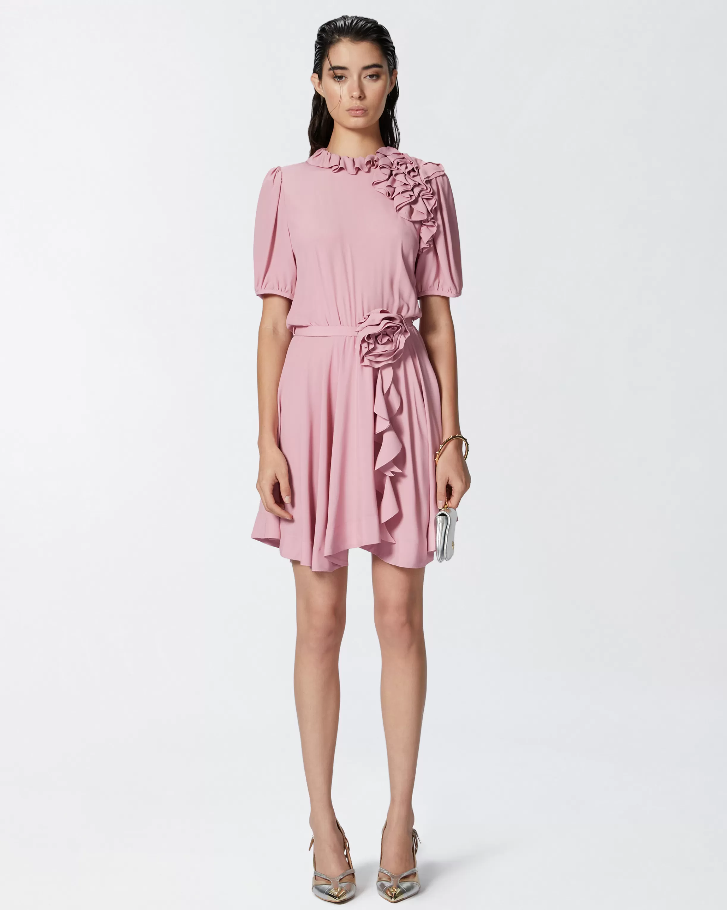 PINKO Silk-blend mini dress with rose and ruffles