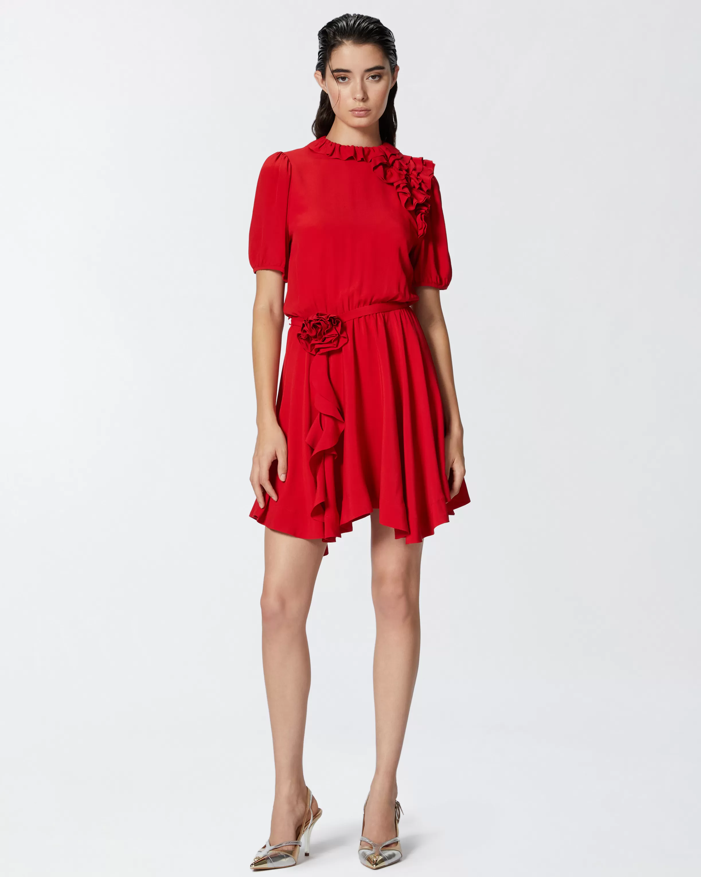 PINKO Silk-blend mini dress with rose and ruffles