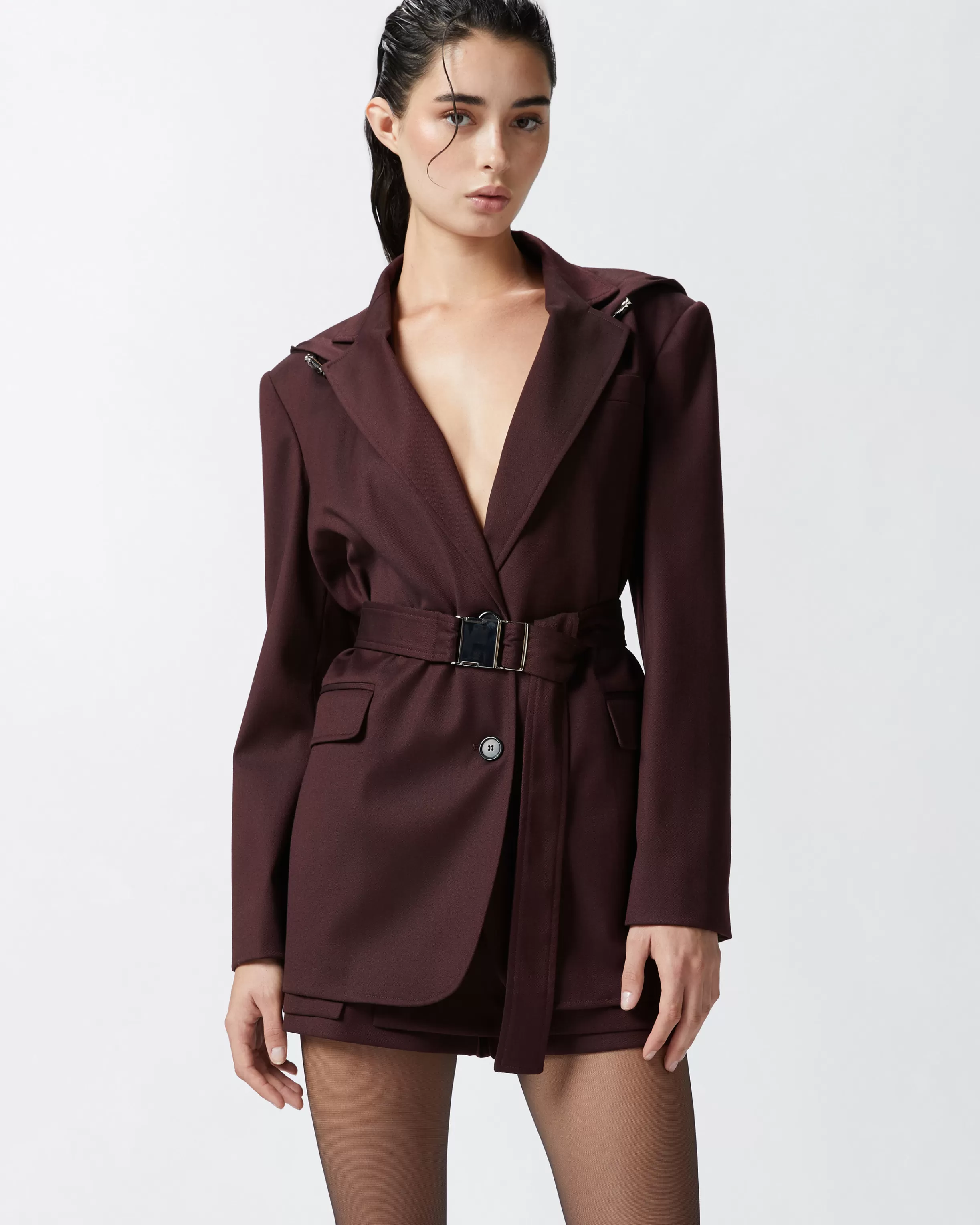 PINKO Single-breasted flannel blazer with hood and belt