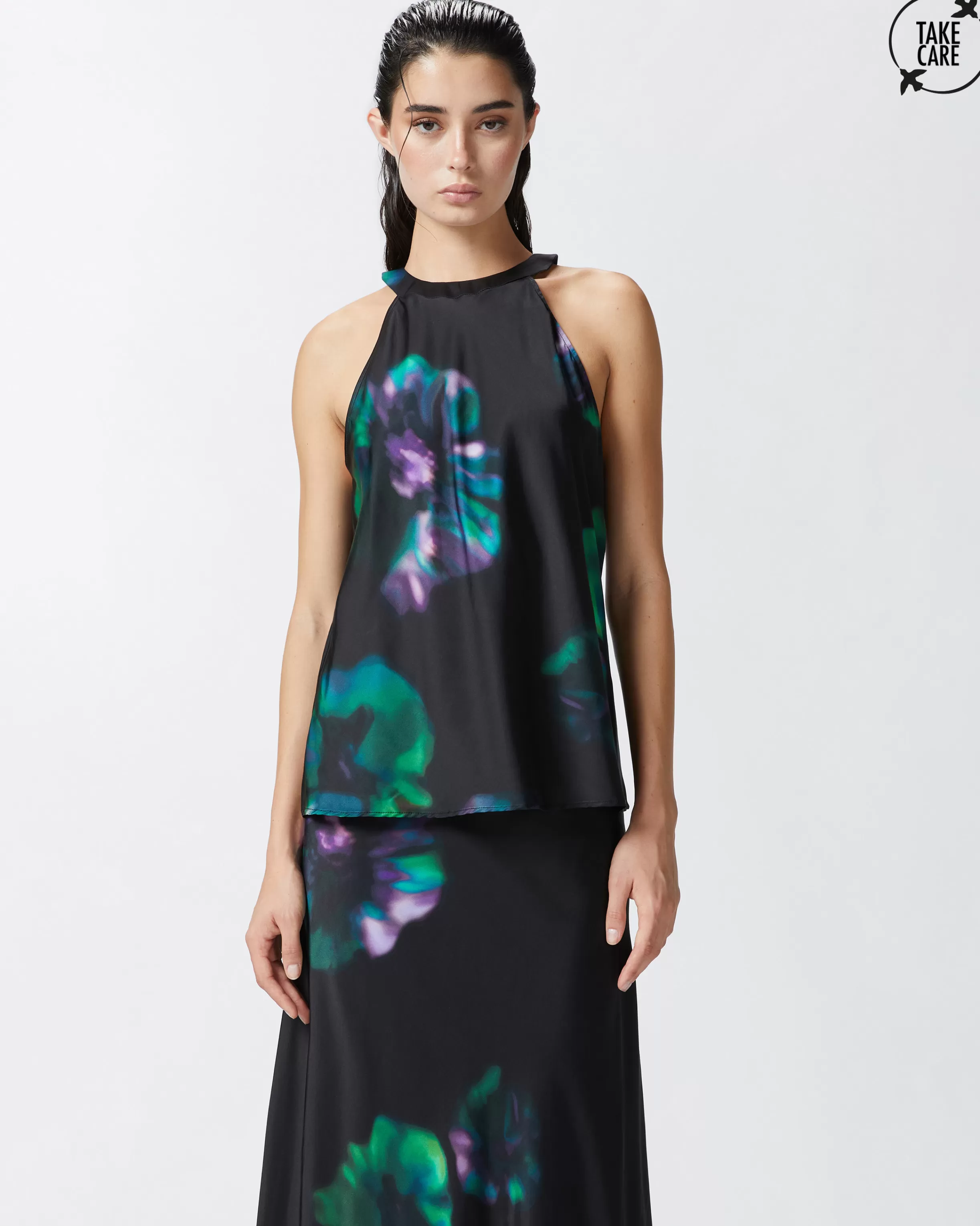 PINKO Sleeveless satin top with floral print