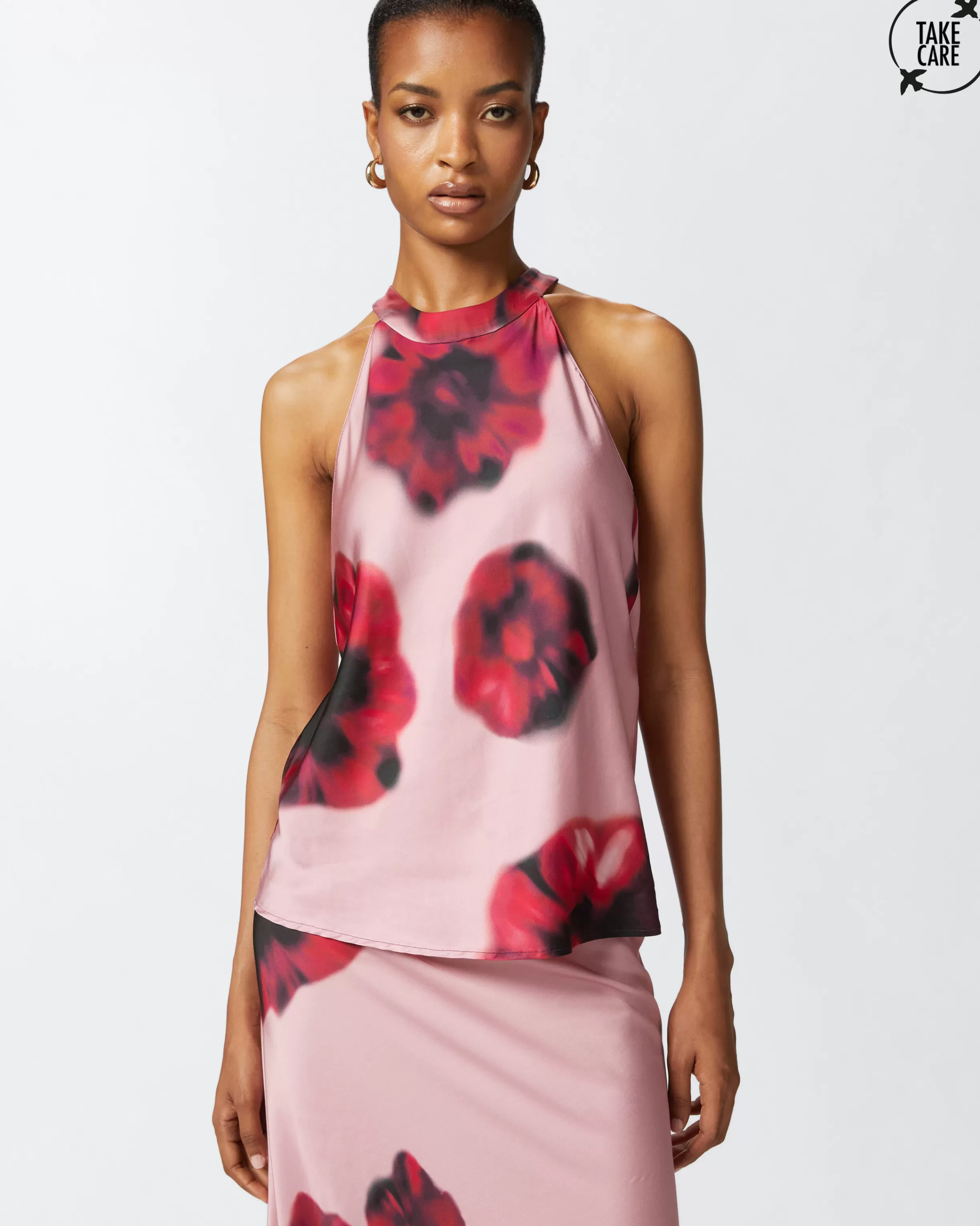 PINKO Sleeveless satin top with floral print