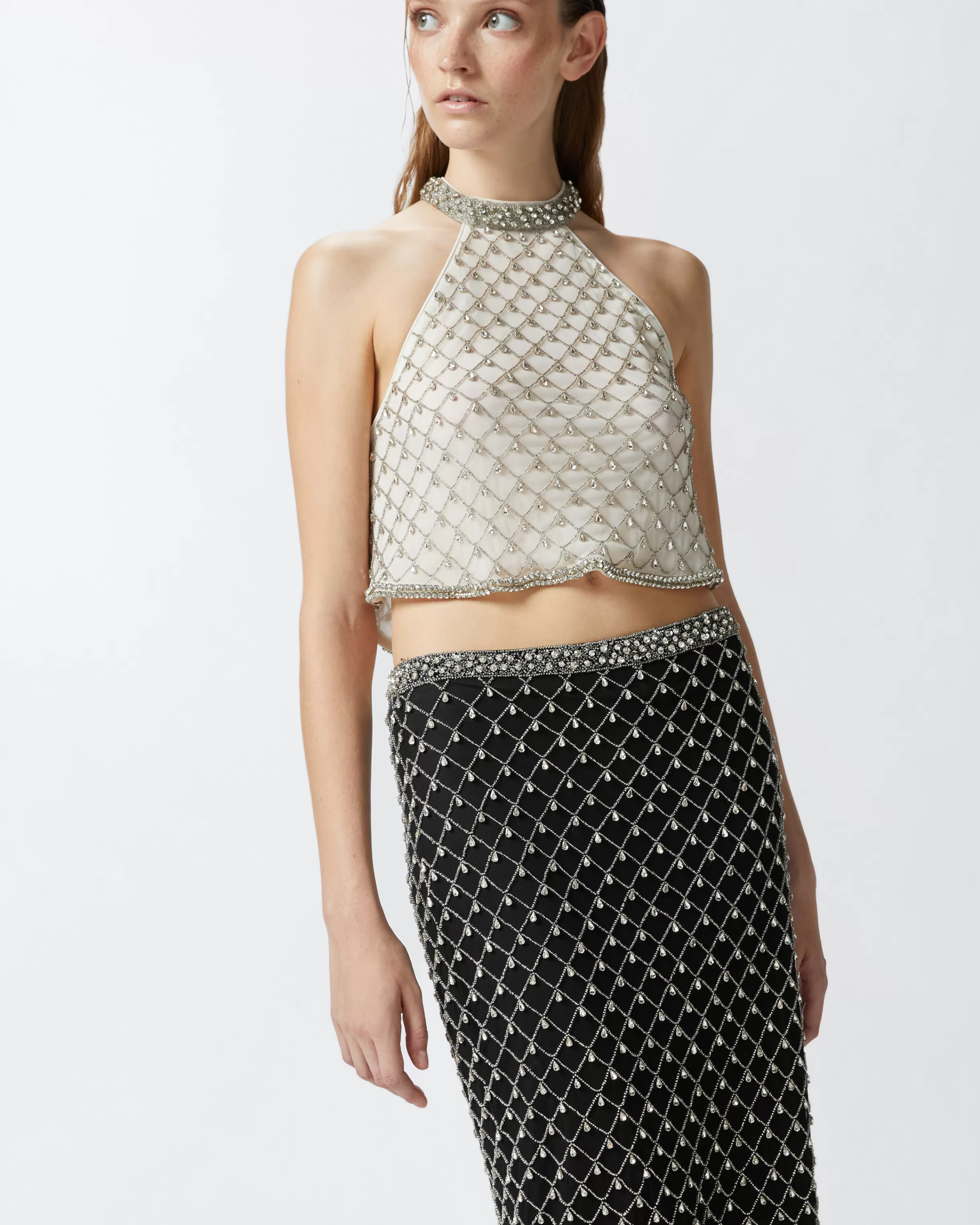 PINKO Sleeveless tulle top with crystal mesh