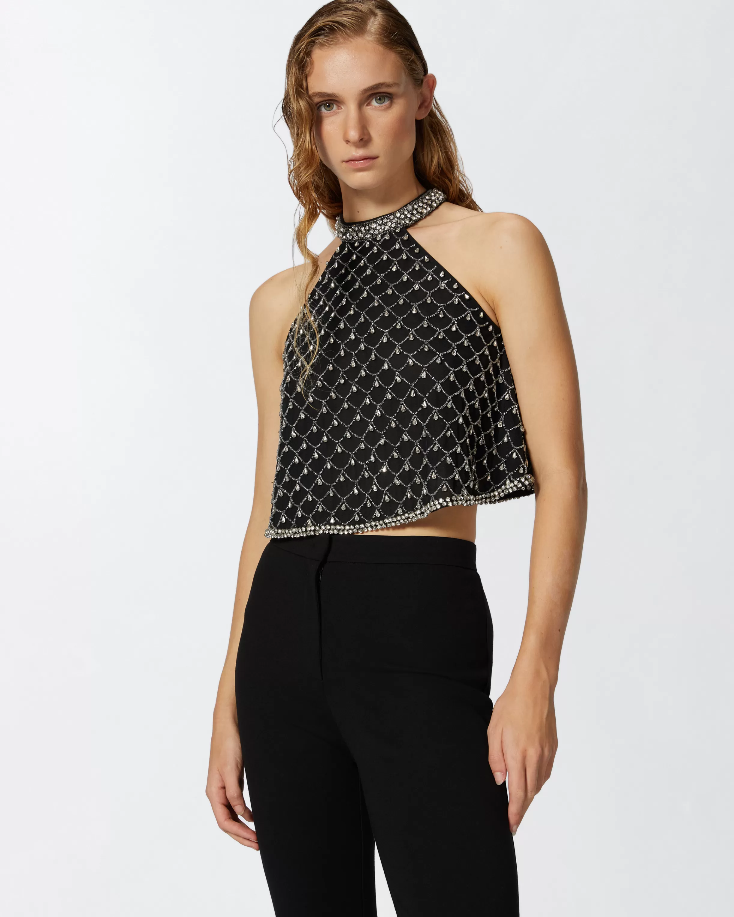 PINKO Sleeveless tulle top with crystal mesh