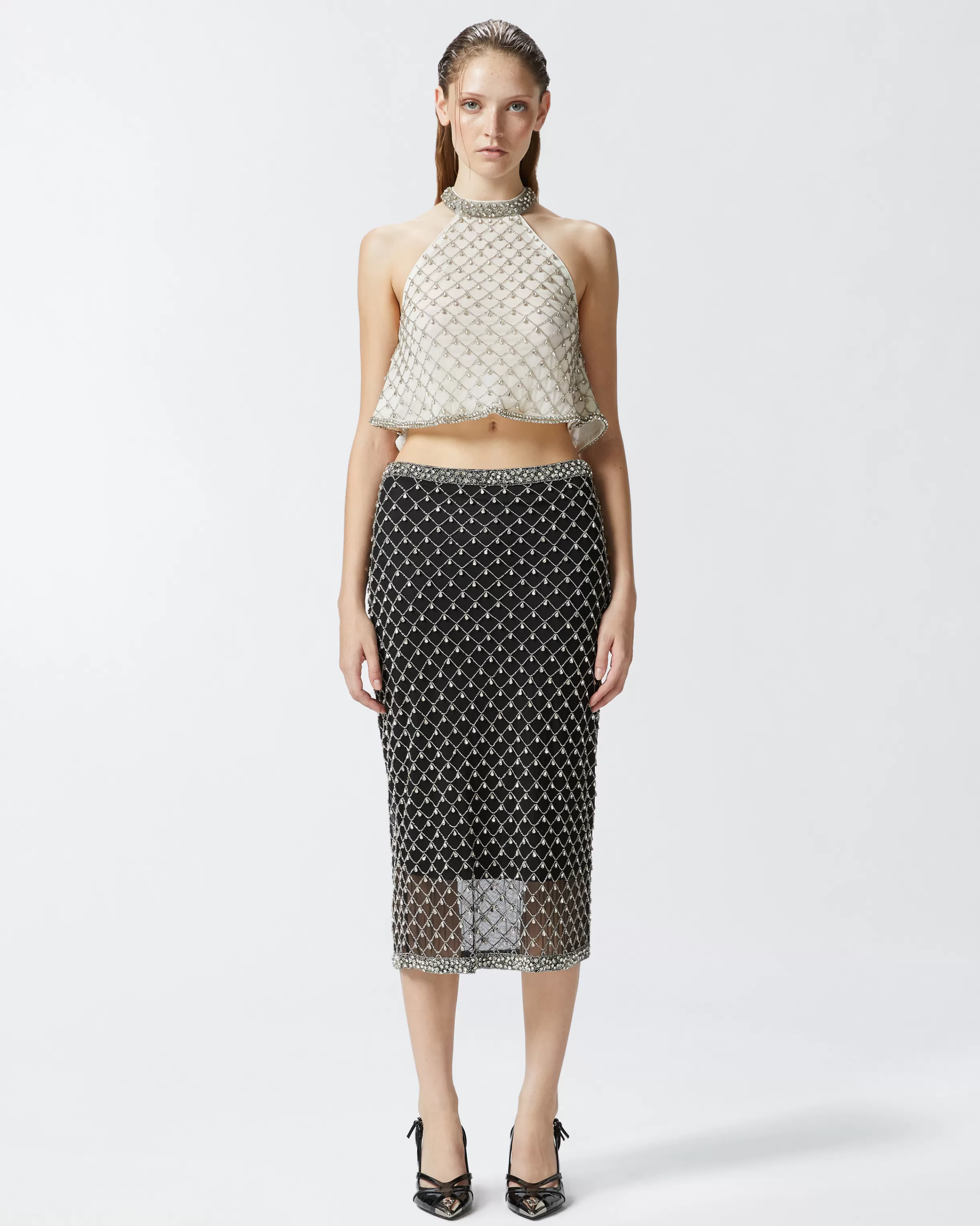 PINKO Sleeveless tulle top with crystal mesh