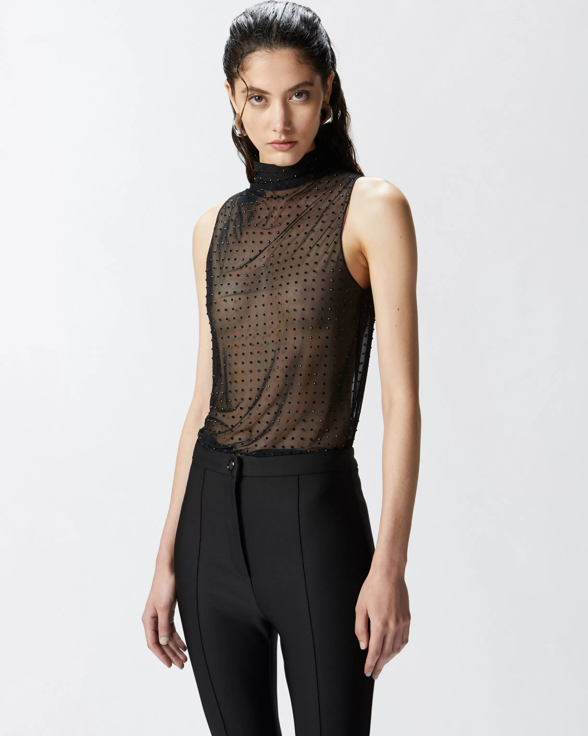 PINKO Sleeveless tulle top with rhinestones