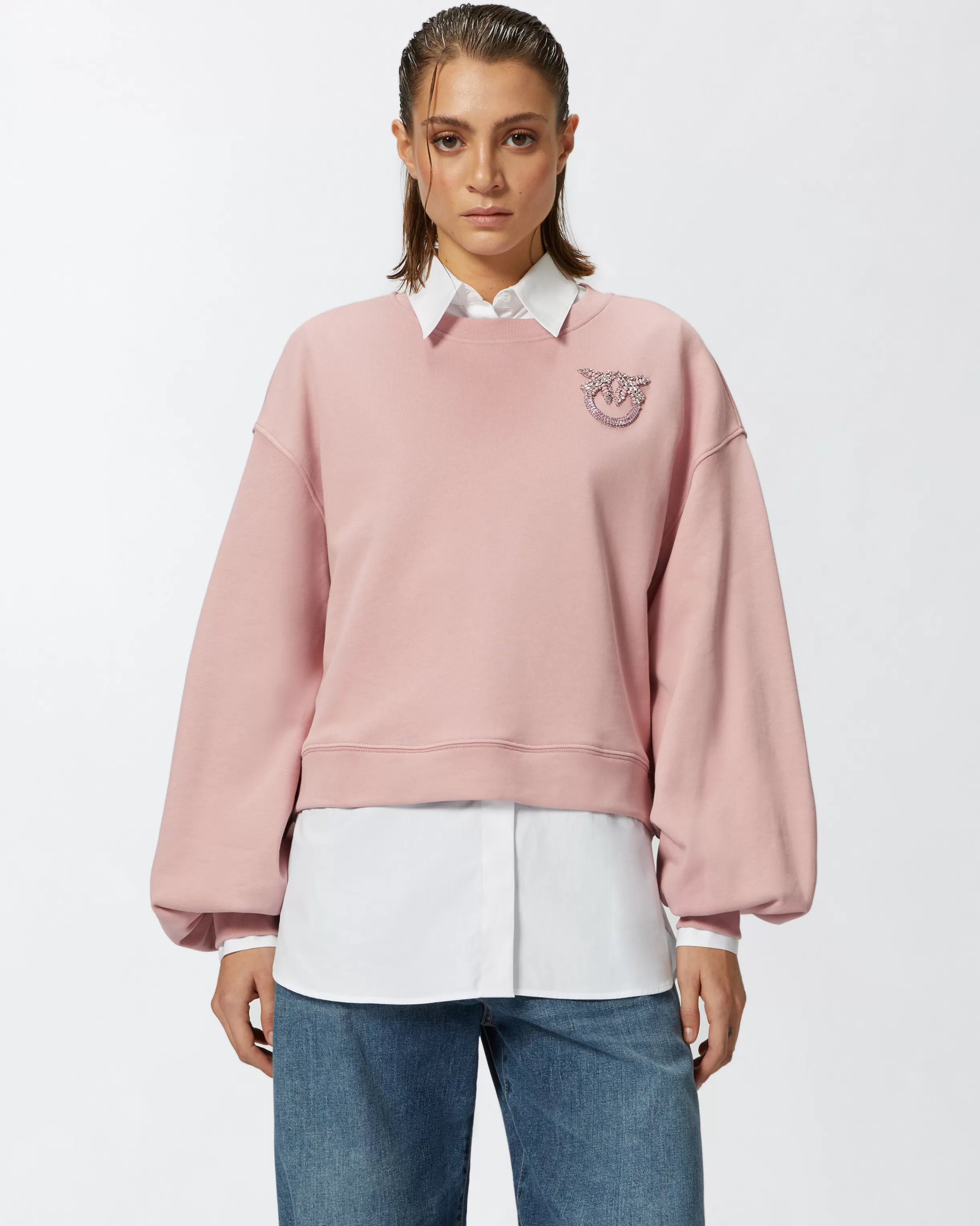 PINKO Sweatshirt with wide sleeves and bejewelled Love Birds embroidery