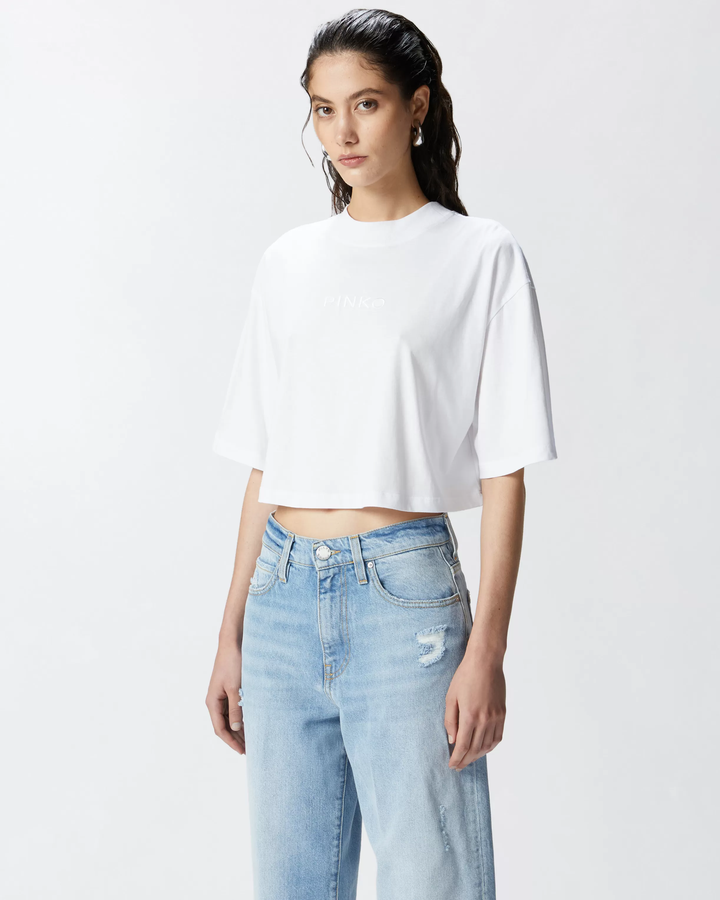 PINKO T-shirt cropped con logo ricamato