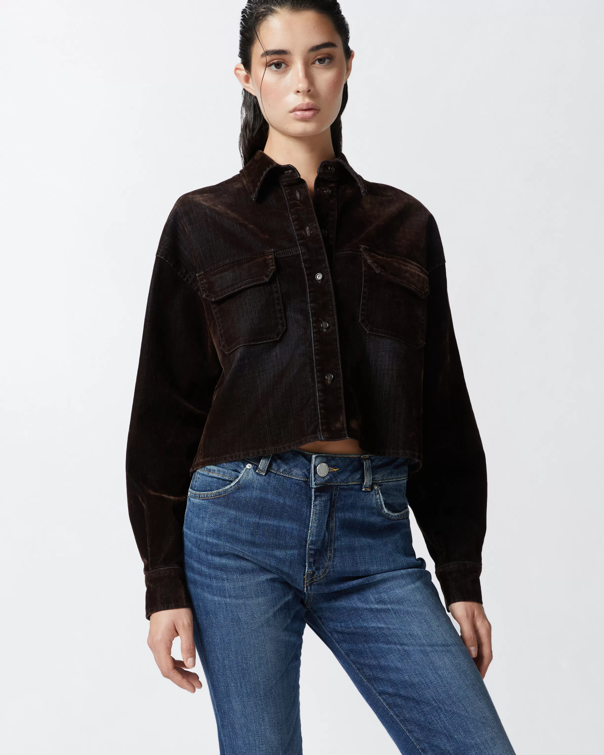 PINKO Velvet-effect flocked denim cropped shirt