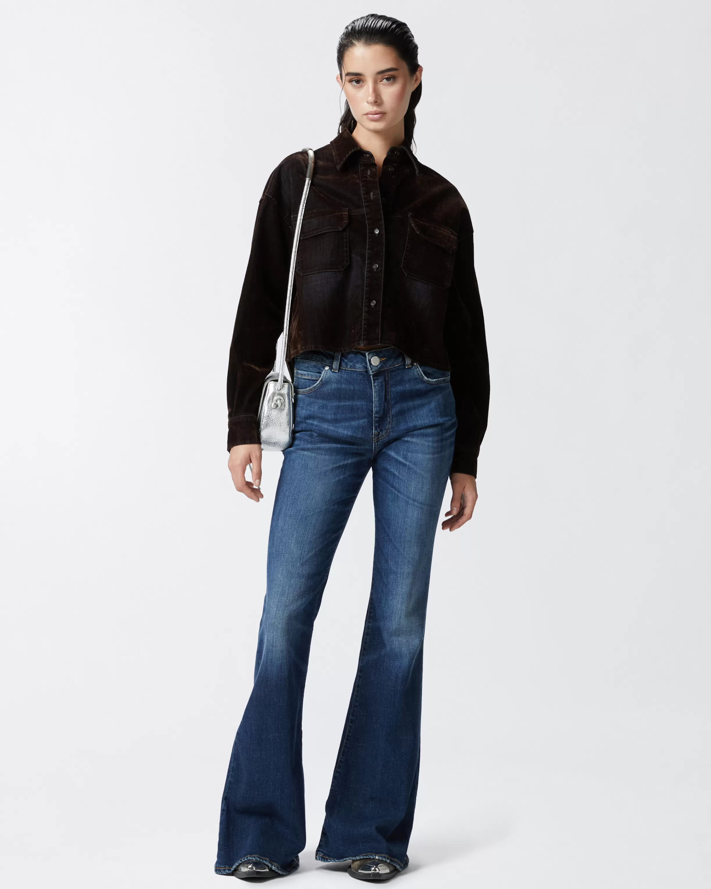 PINKO Velvet-effect flocked denim cropped shirt