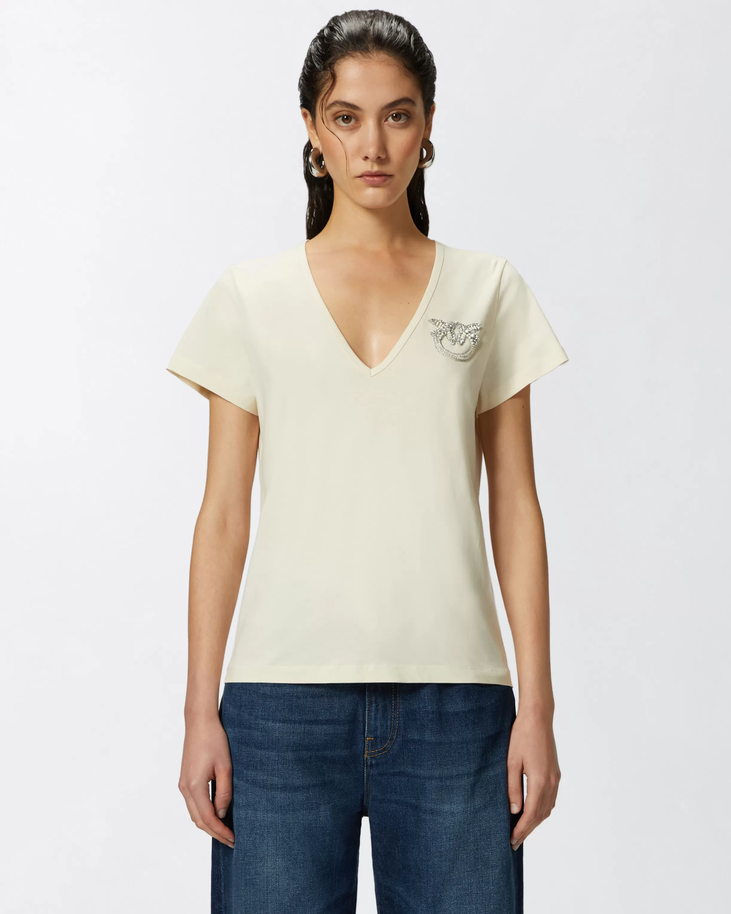 PINKO V-neck T-shirt with jewel embroidery