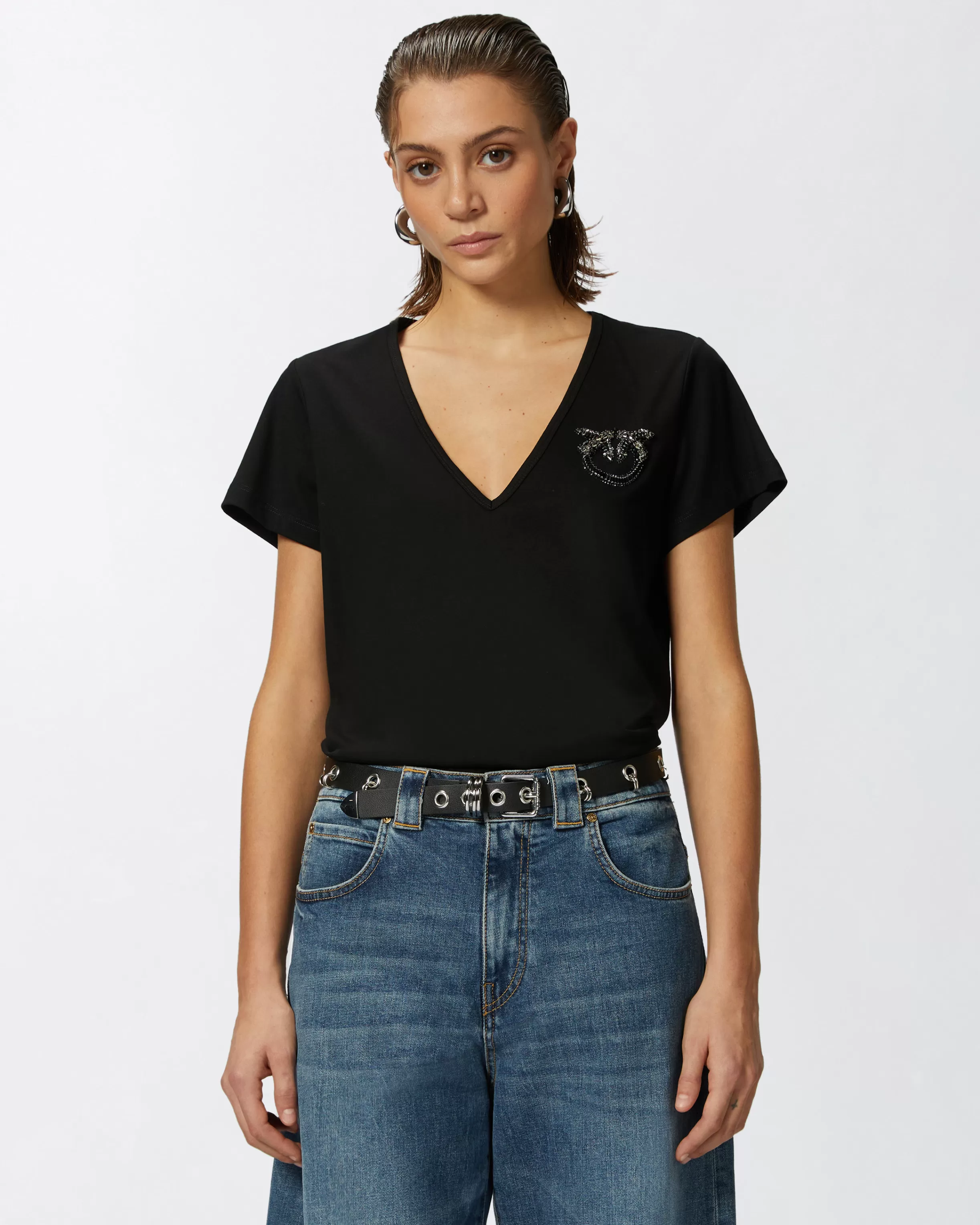 PINKO V-neck T-shirt with jewel embroidery