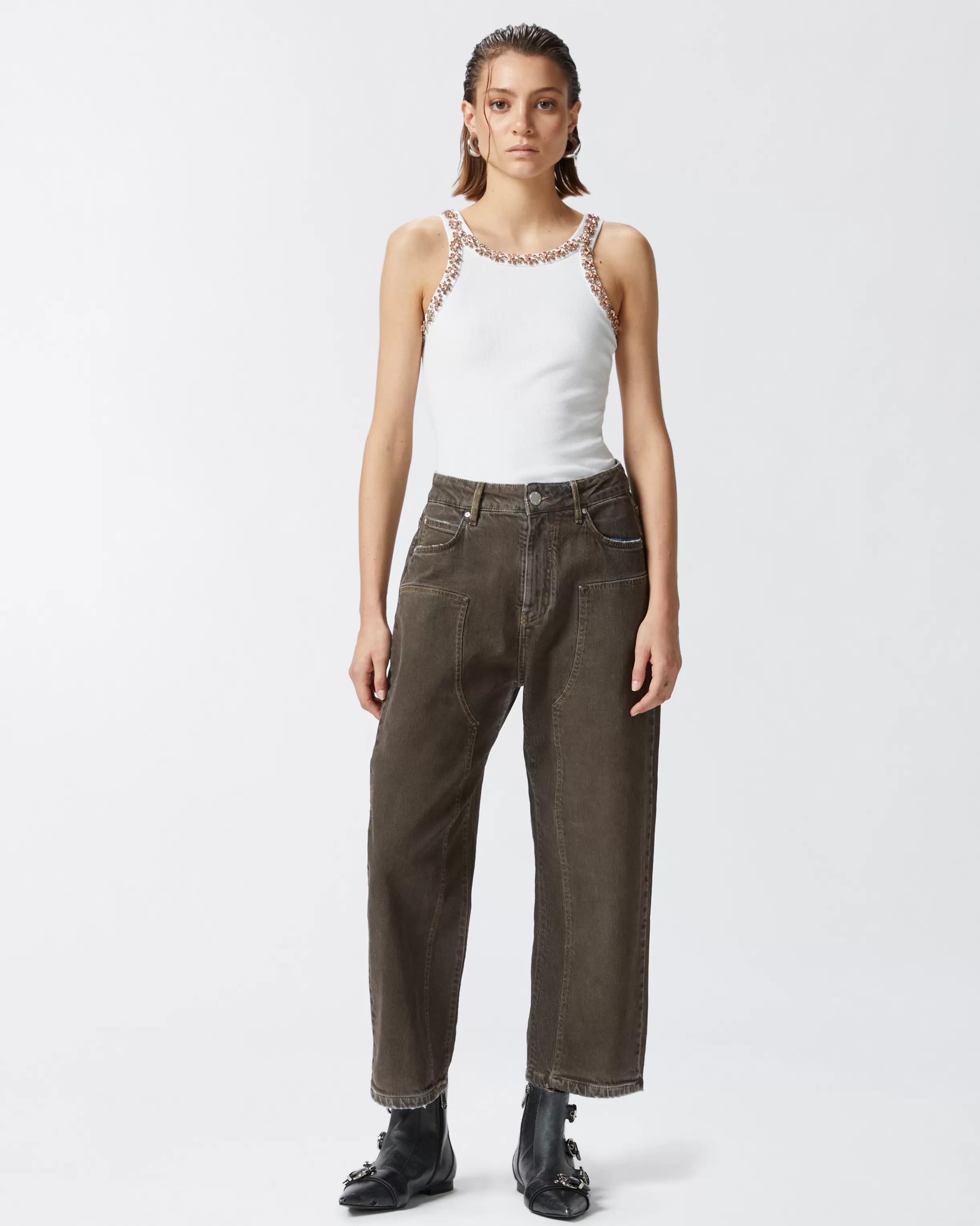 PINKO Wide-leg denim jeans with brown spray