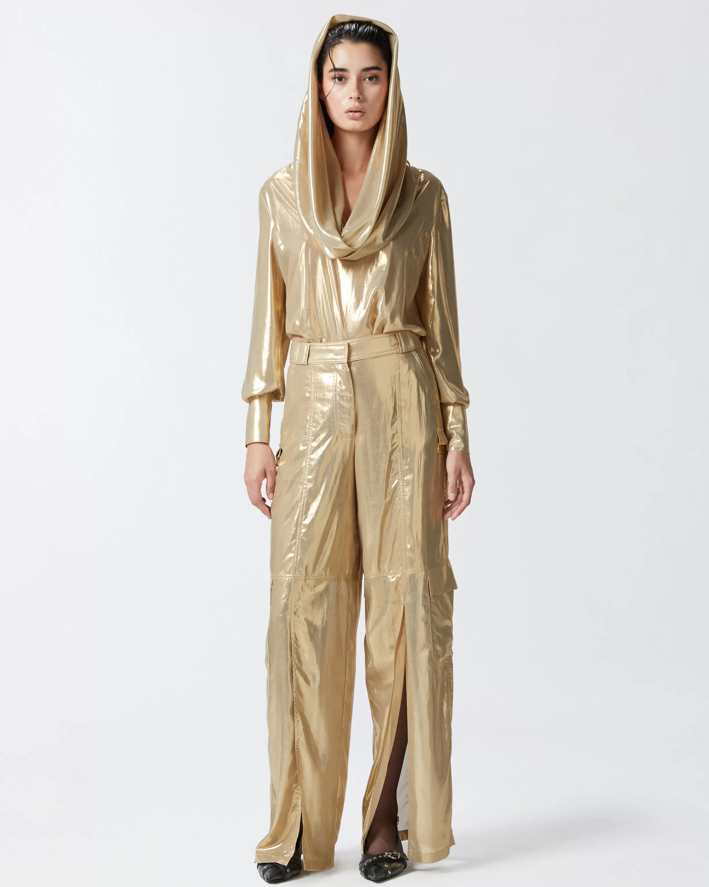 PINKO Wide-leg golden cargo trousers