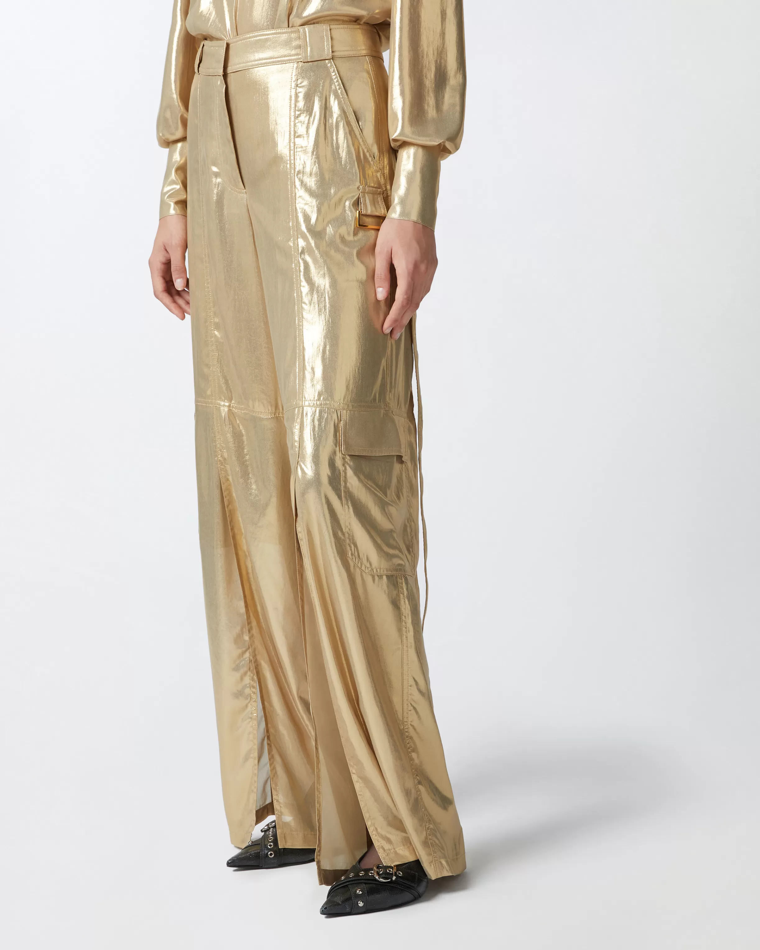 PINKO Wide-leg golden cargo trousers