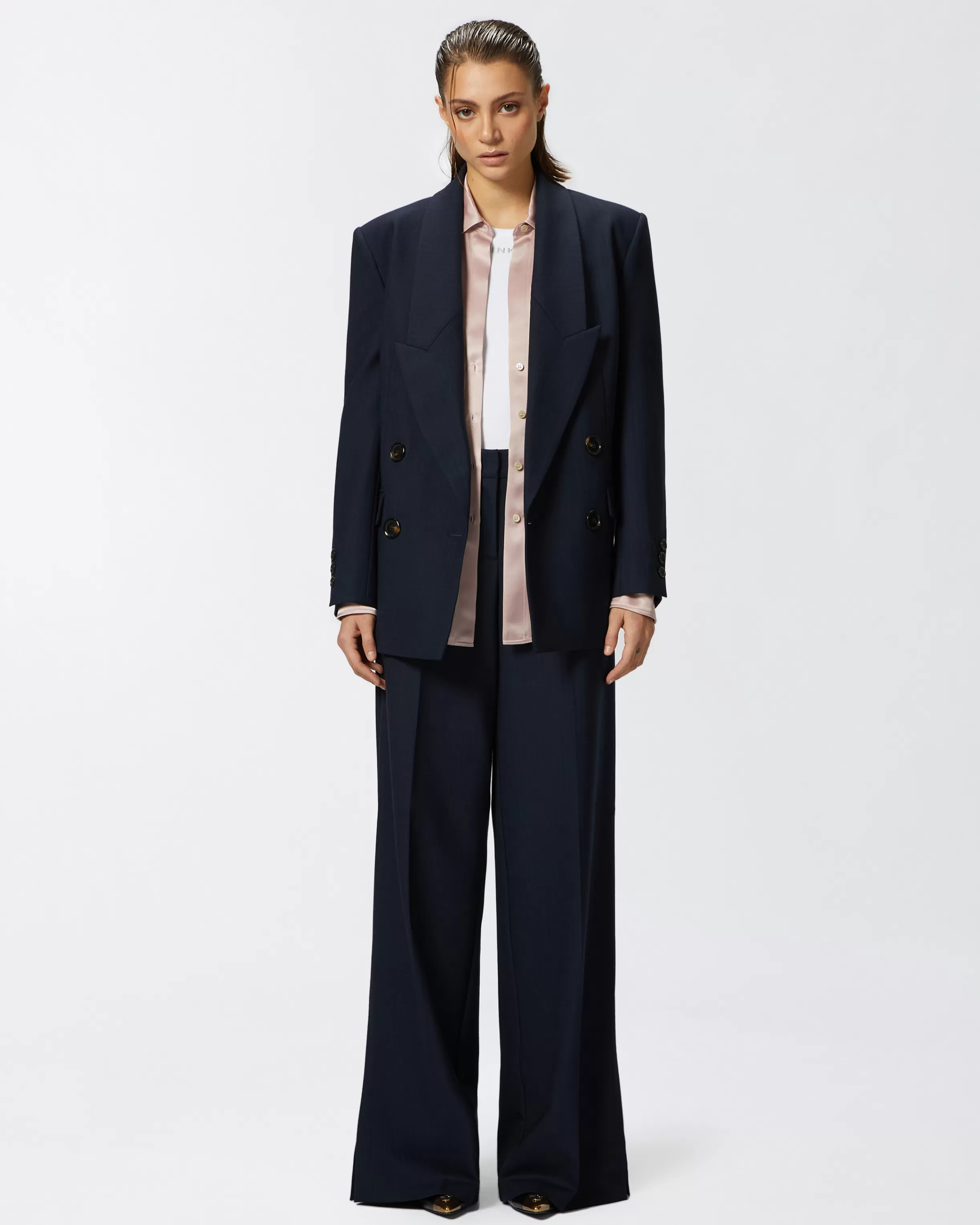 PINKO Wide-leg trousers in pinstriped fabric